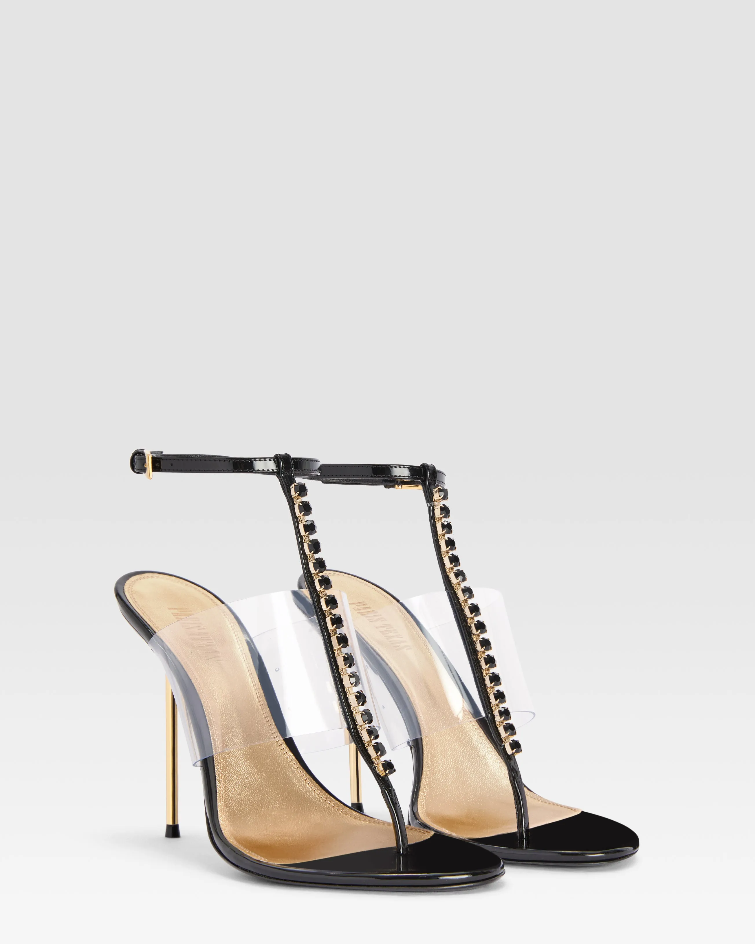 T-strap sandals in black patent leather with stud detailing sold by Paris Texas product image thumbnail 2