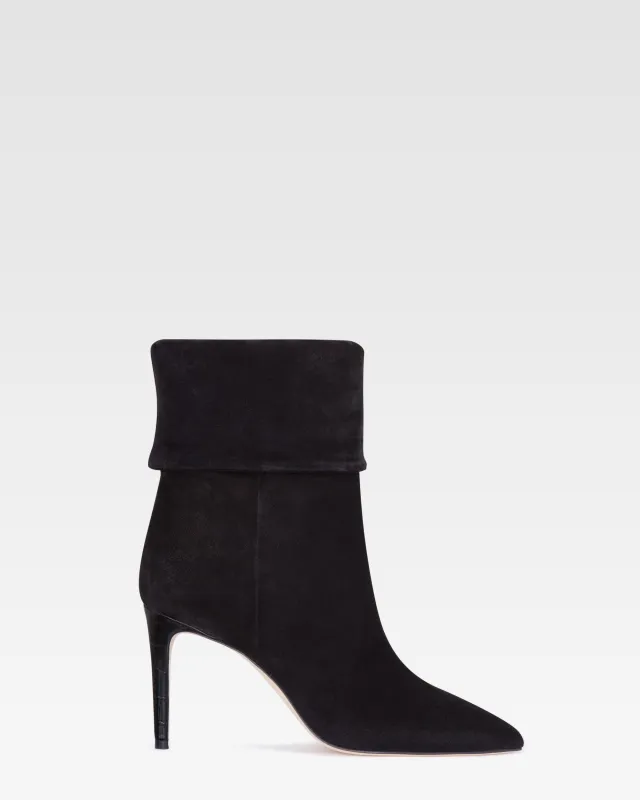 Black calf suede ankle boots with turn-down collar sold by Paris Texas