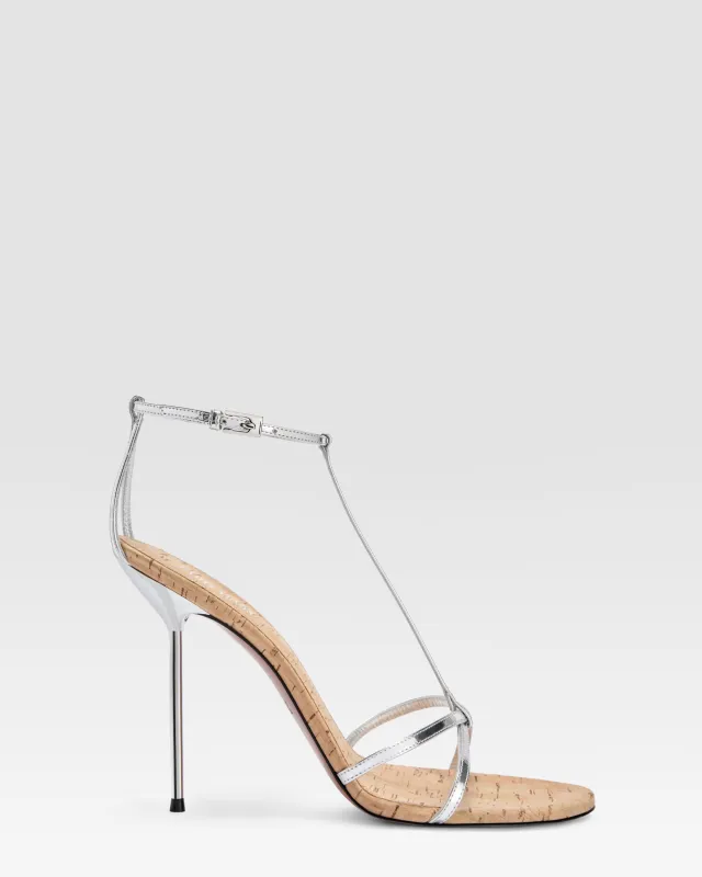 T-STRAP SANDAL IN METALLIC MIRROR-EFFECT LEATHER AND CORK made by Paris Texas