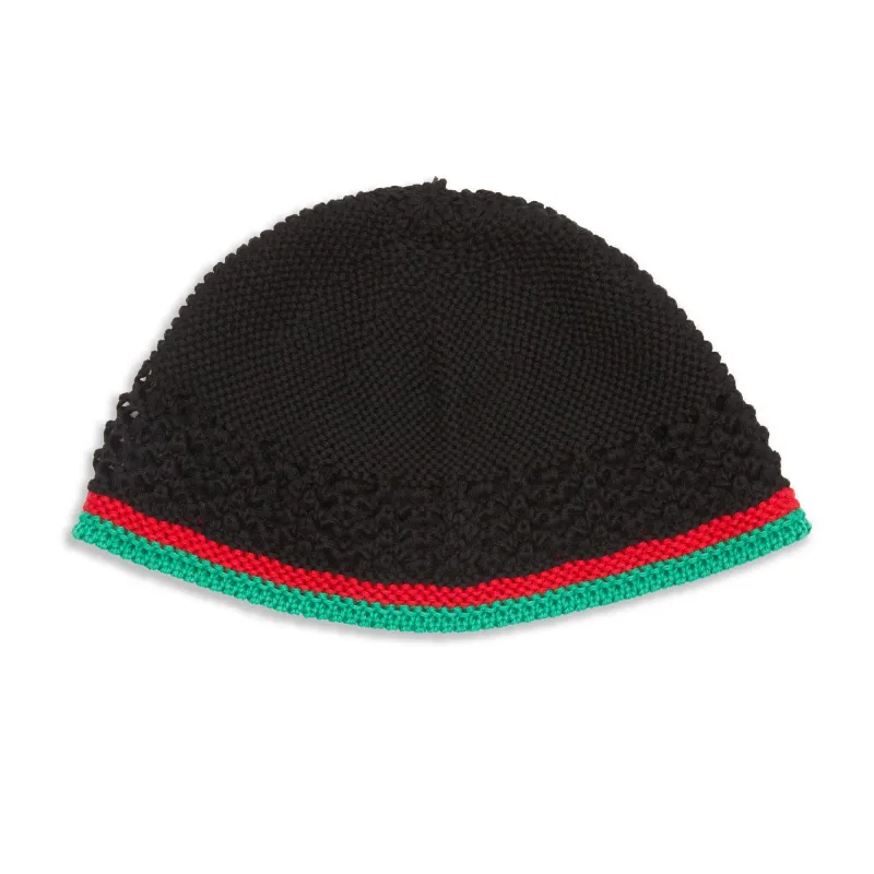 Knit Skull Cap - Black w/ Green & Red Stripes Cotton made by S.K. Manor Hill