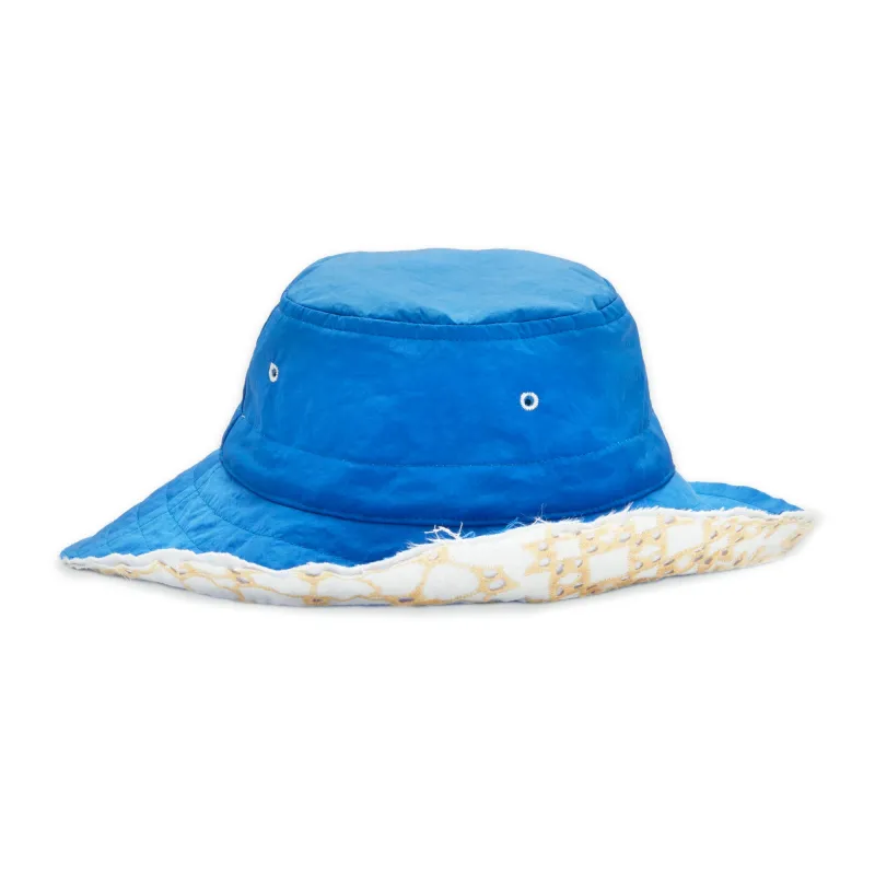 Reversible Bucket Hat - Royal Blue Recycled Nylon WR & White & Natural Embroidered Cotton made by S.K. Manor Hill