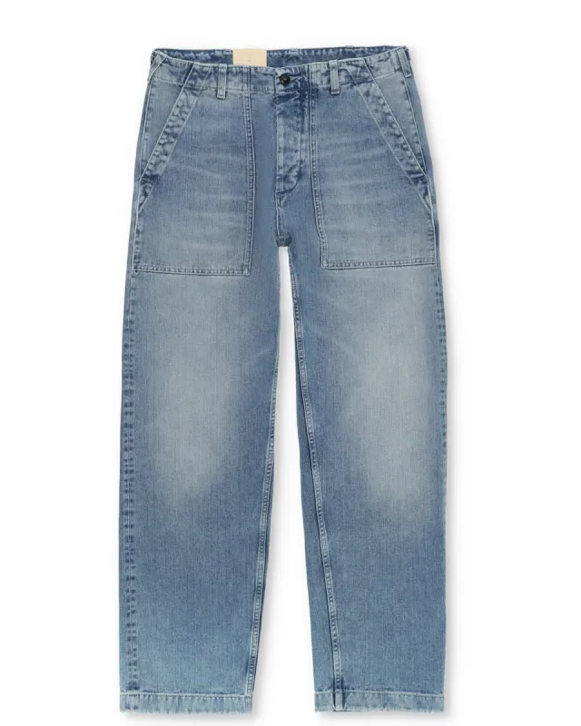 Newfatigue Pantaloni in Denim Bleach Wash sold by Fortela