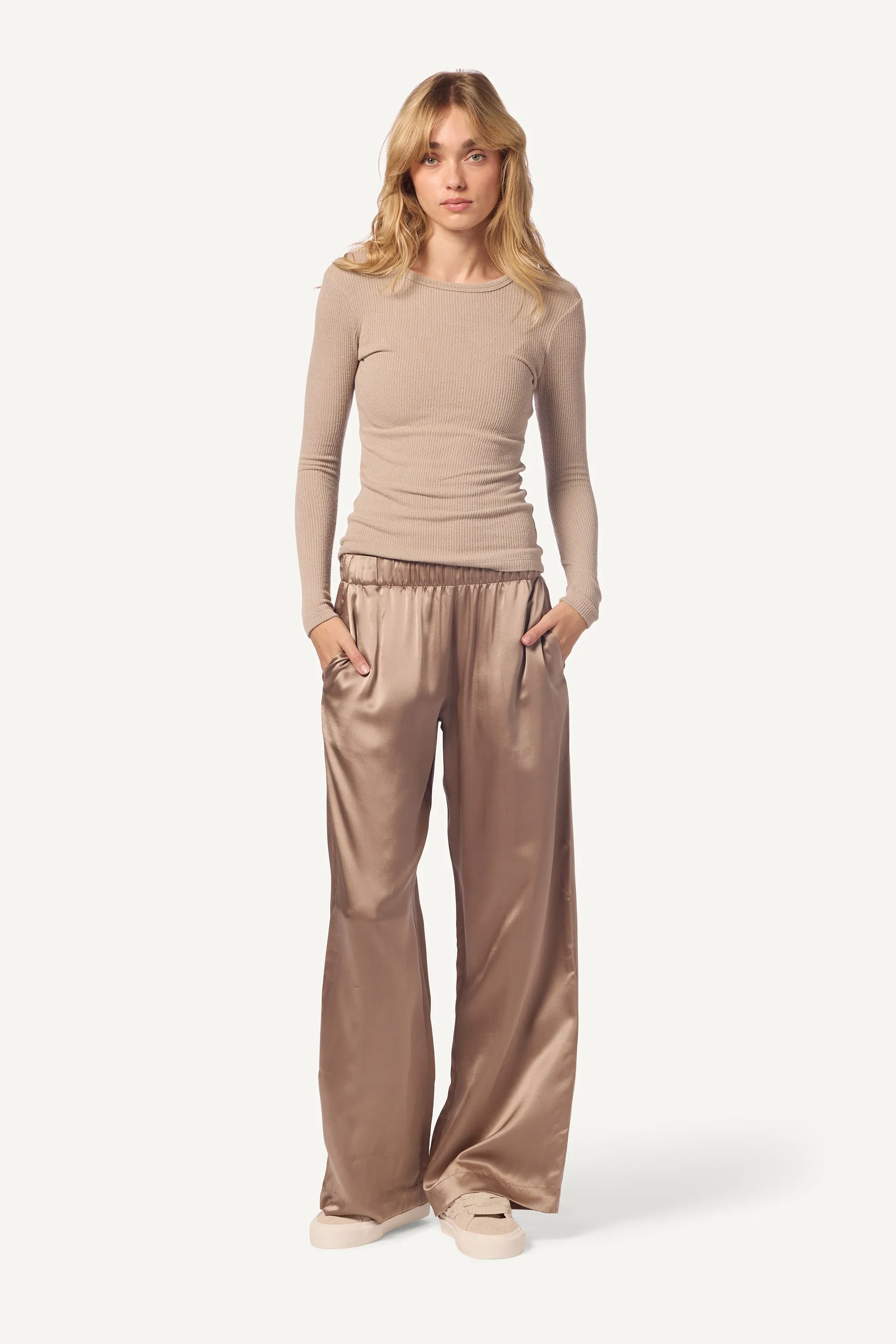 BRYNN WIDE LEG SILK PANT | ECO GRAVEL sold by Sablyn