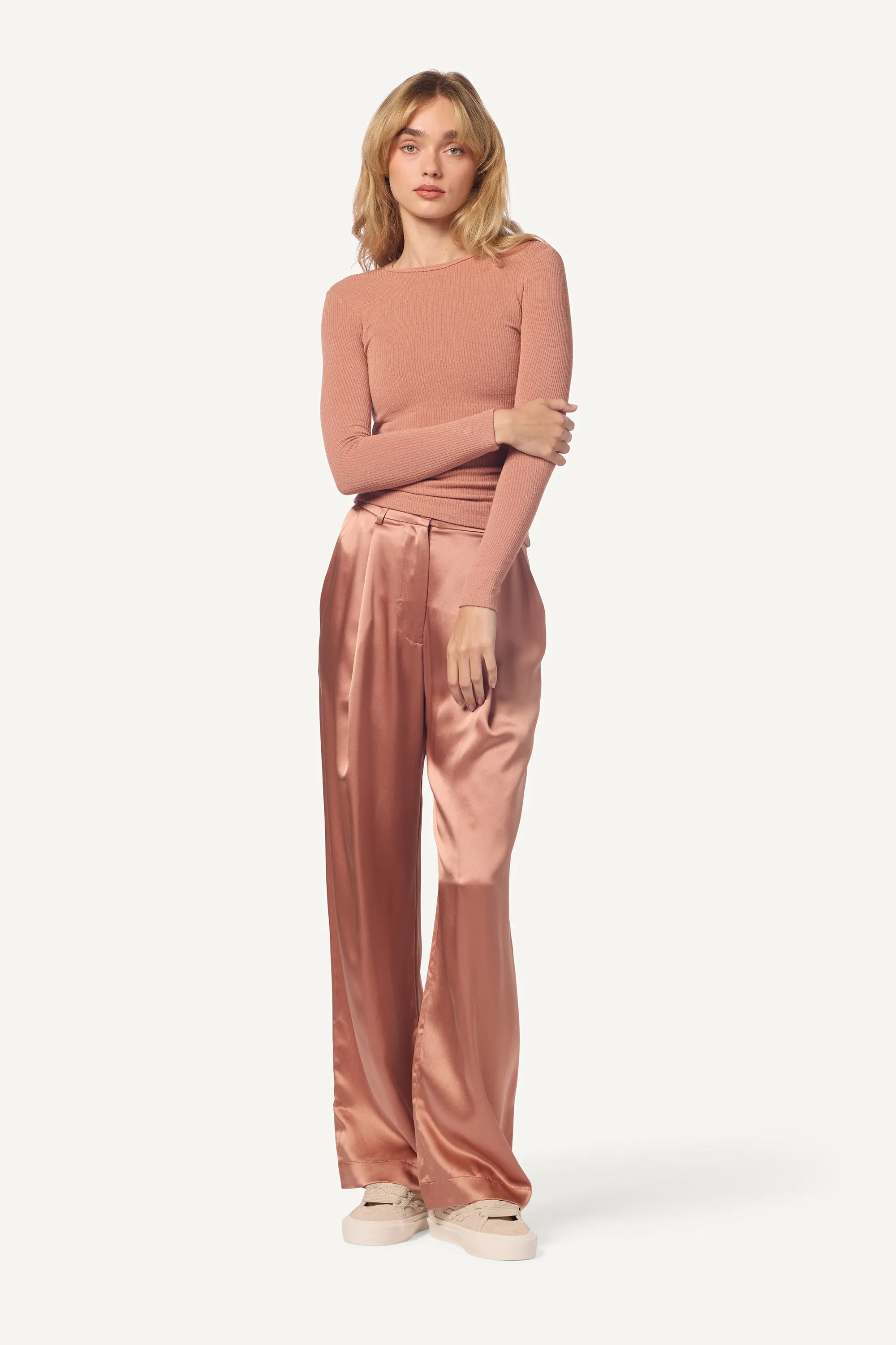 EMERSON HIGH RISE PLEATED PANT | DEEP APRICOT sold by Sablyn