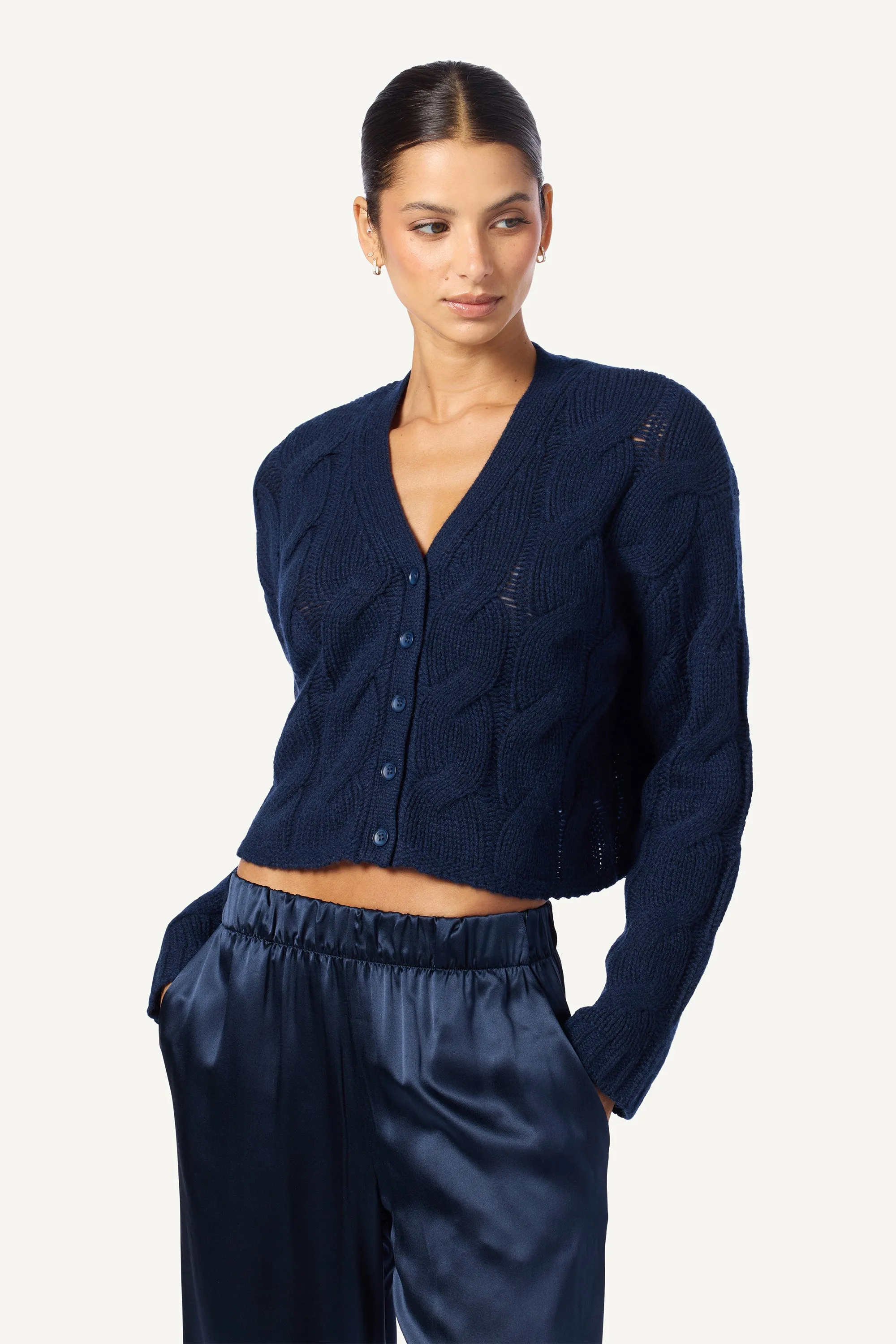 JOLIE V-NECK CROPPED CABLE CASHMERE CARDIGAN | MIDNIGHT NAVY sold by Sablyn