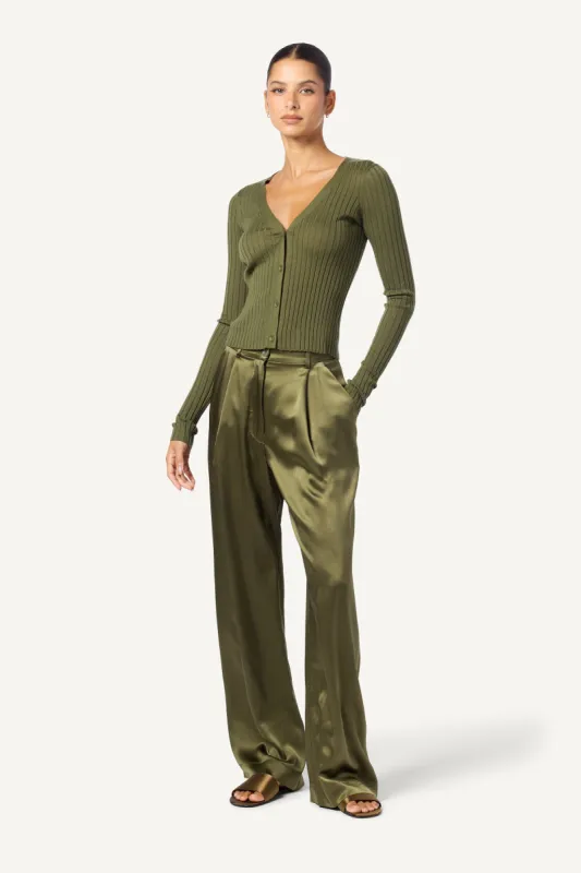 EMERSON HIGH RISE PLEATED SILK PANT | OLIVE sold by Sablyn
