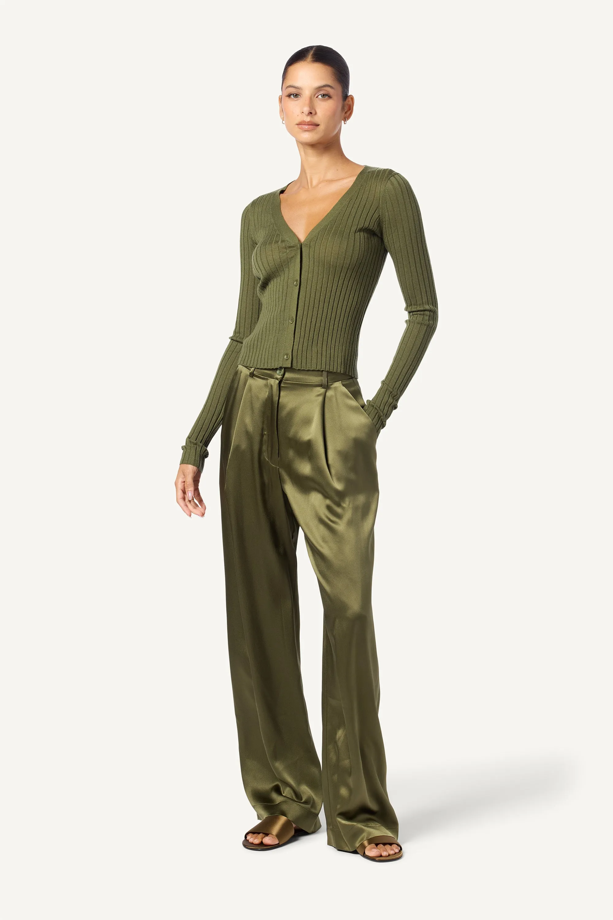 EMERSON HIGH RISE PLEATED SILK PANT | OLIVE sold by Sablyn