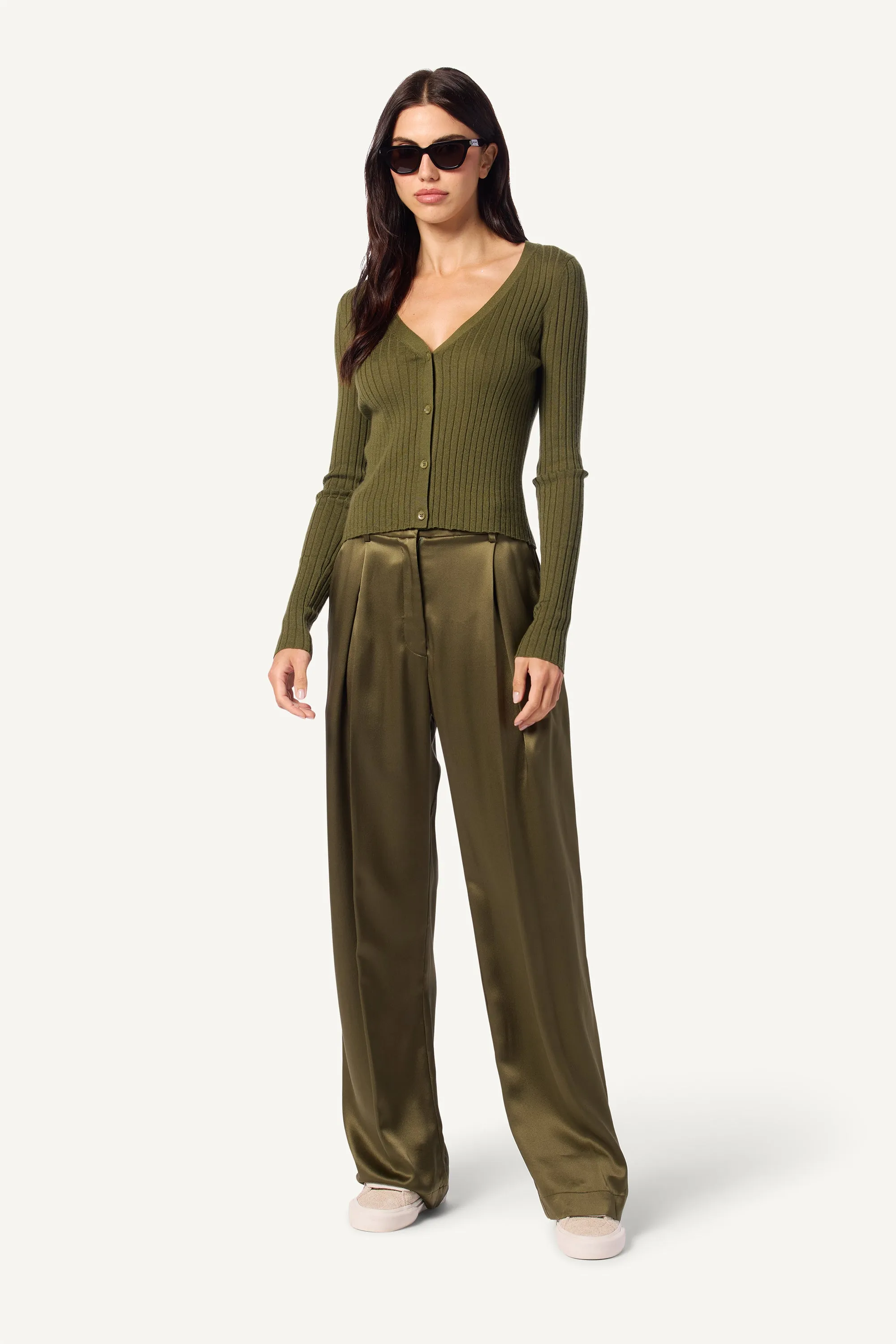 EMERSON HIGH RISE PLEATED SILK PANT | OLIVE sold by Sablyn product image thumbnail 5