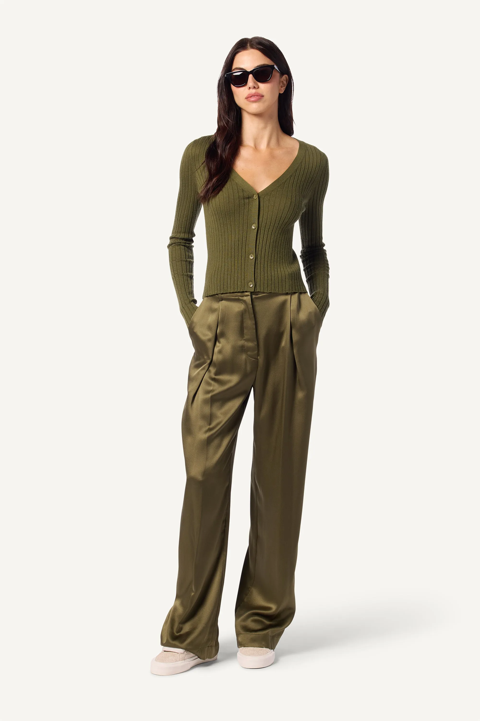 EMERSON HIGH RISE PLEATED SILK PANT | OLIVE sold by Sablyn product image thumbnail 3