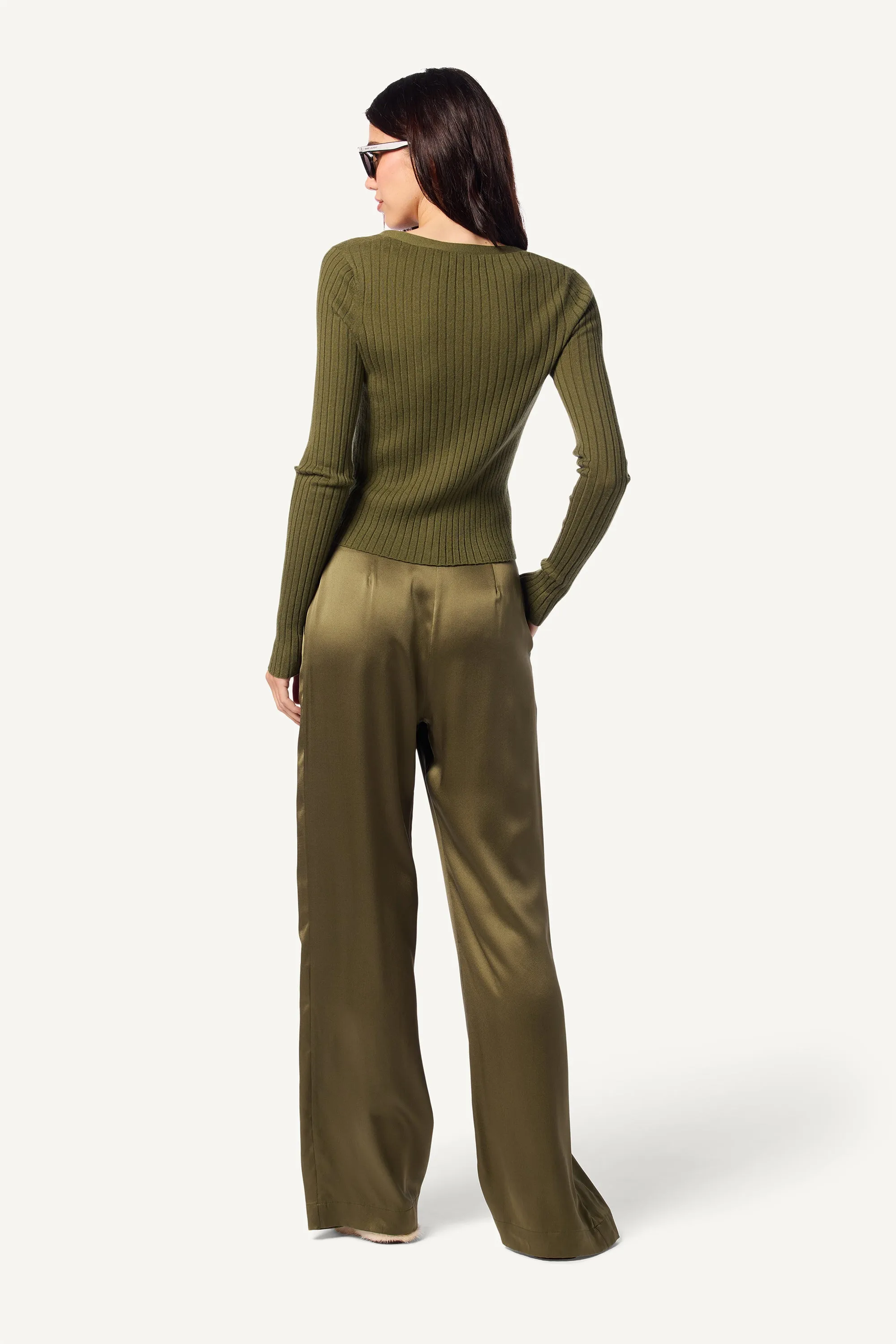 EMERSON HIGH RISE PLEATED SILK PANT | OLIVE sold by Sablyn product image thumbnail 4