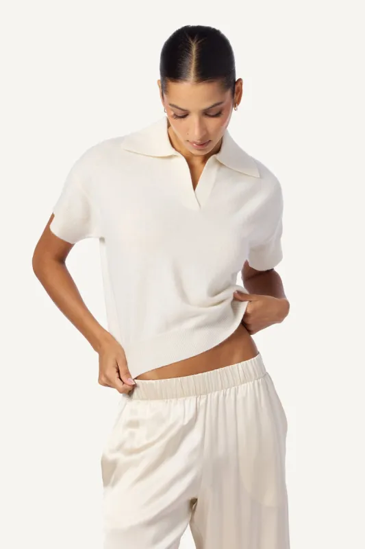 MIRABELLE RELAXED SHORT SLEEVE CASHMERE POLO | GARDENIA sold by Sablyn