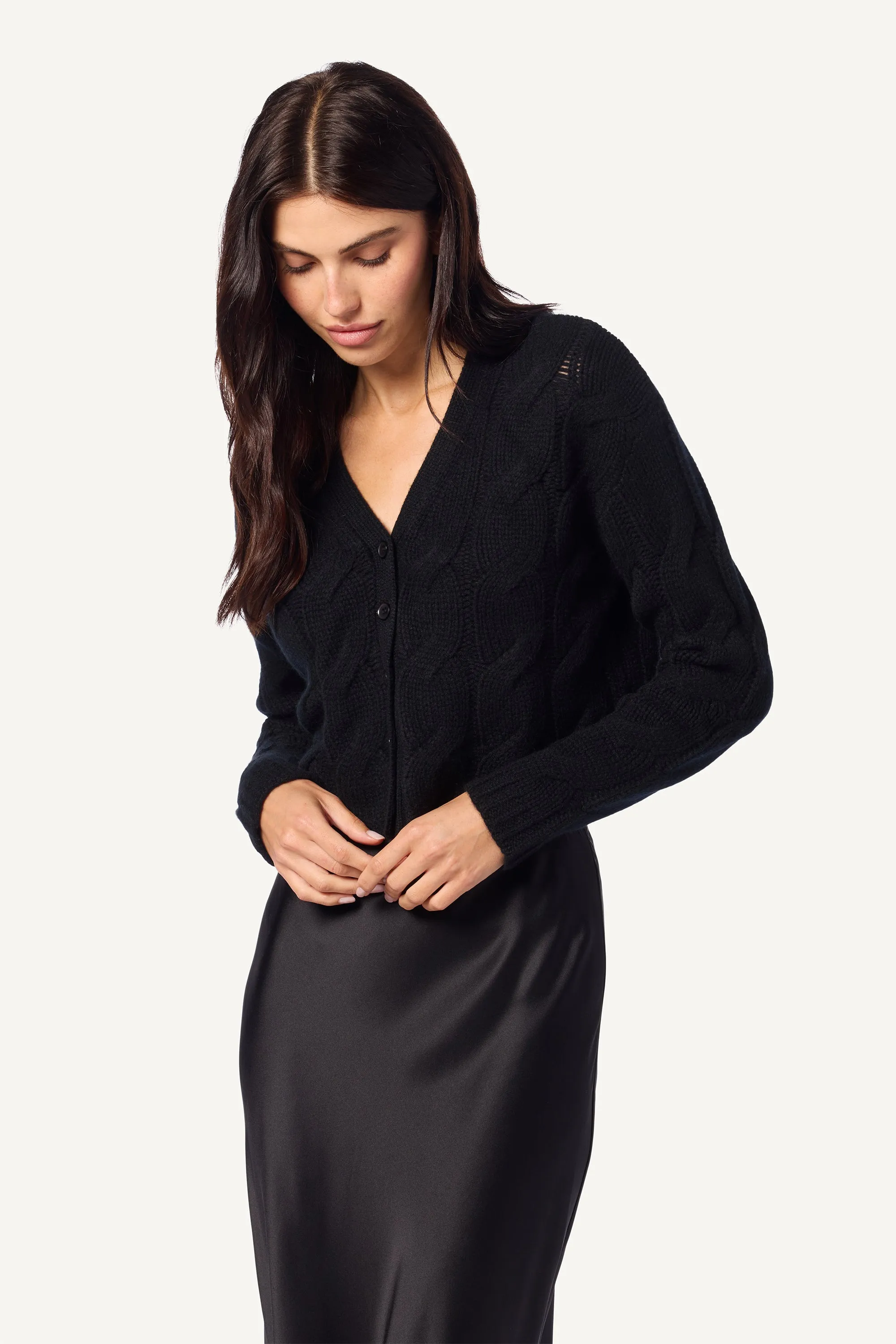 JOLIE V-NECK CROPPED CABLE CASHMERE CARDIGAN | BLACK sold by Sablyn product image thumbnail 5