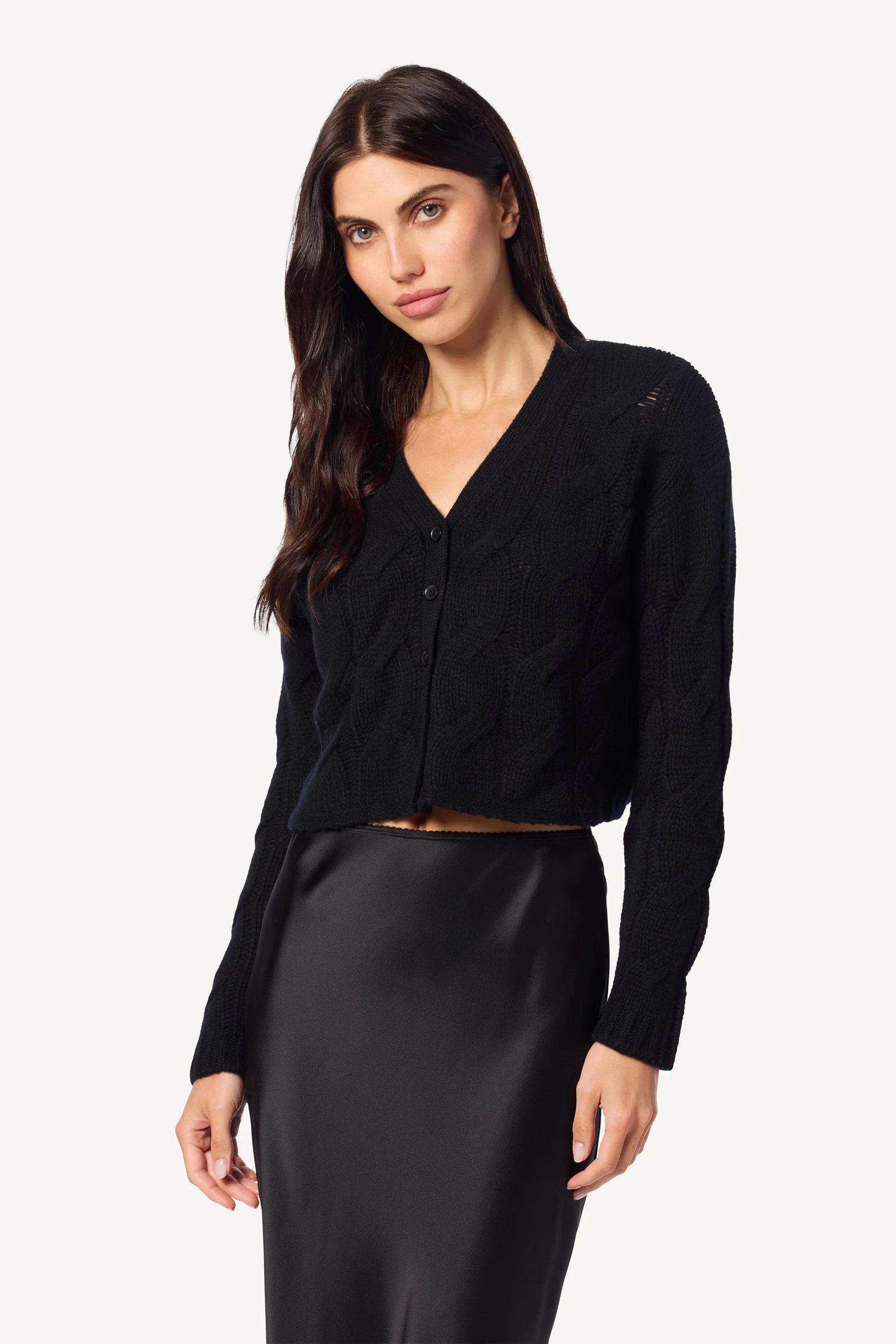 JOLIE V-NECK CROPPED CABLE CASHMERE CARDIGAN | BLACK sold by Sablyn product image thumbnail 4