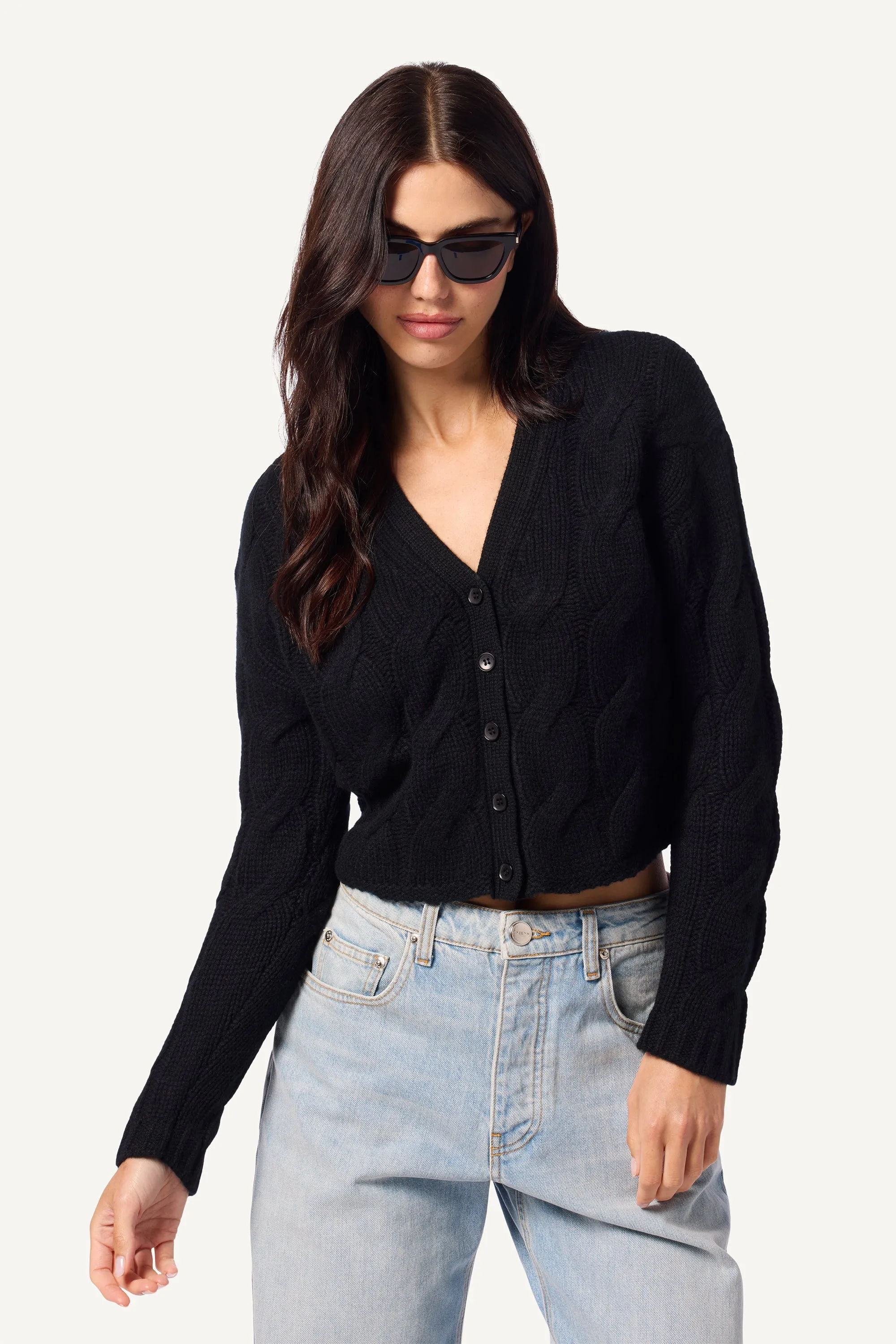 JOLIE V-NECK CROPPED CABLE CASHMERE CARDIGAN | BLACK sold by Sablyn product image thumbnail 2