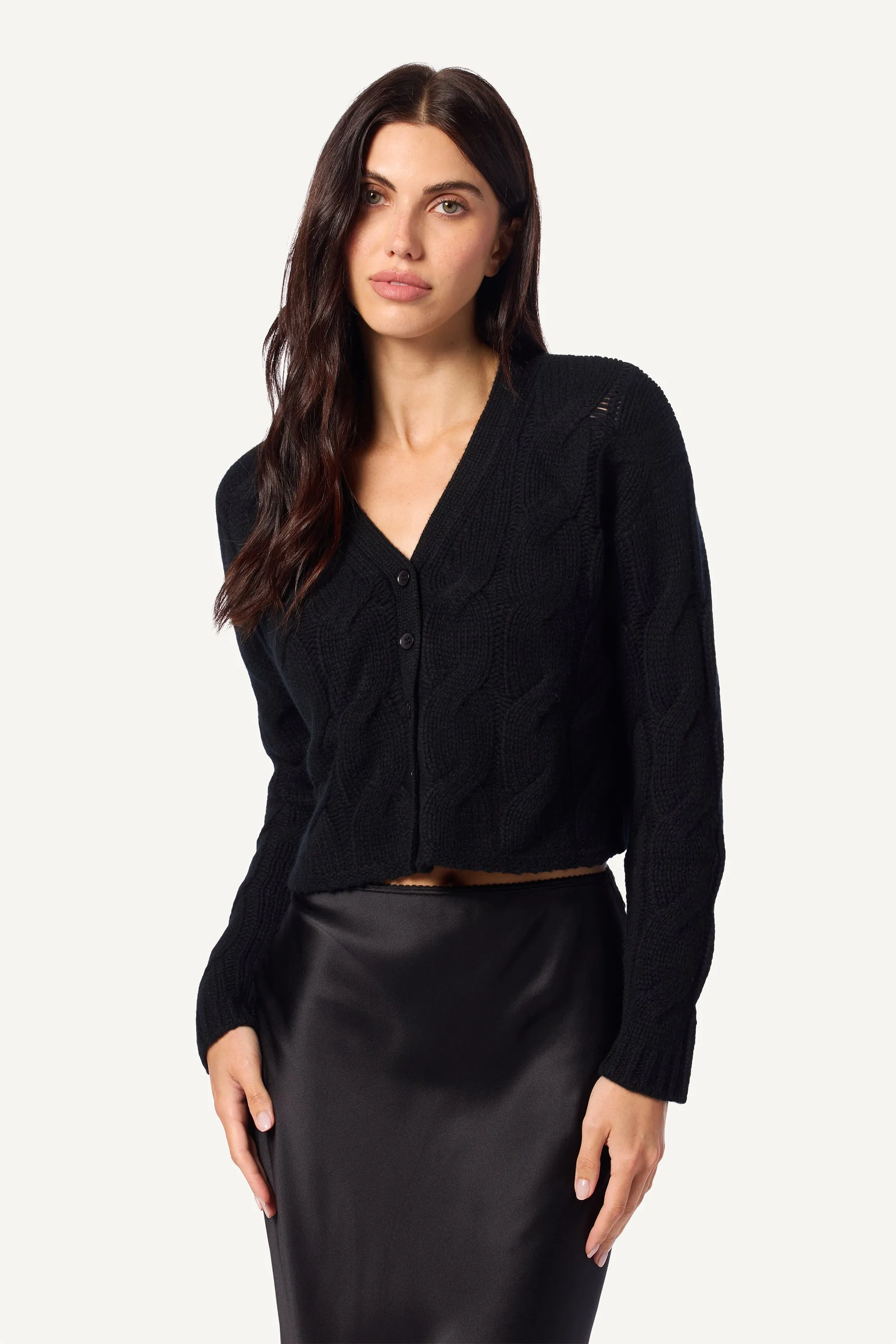 JOLIE V-NECK CROPPED CABLE CASHMERE CARDIGAN | BLACK sold by Sablyn product image thumbnail 3