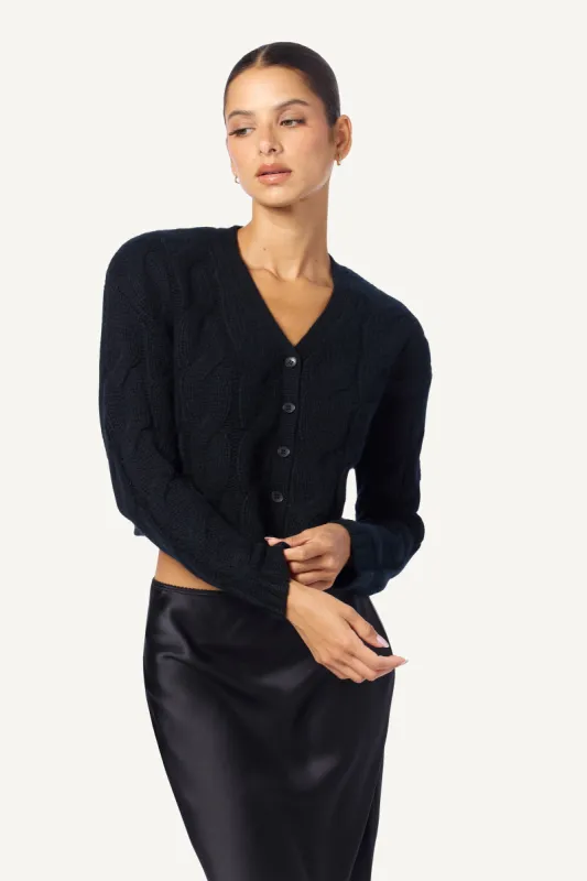JOLIE V-NECK CROPPED CABLE CASHMERE CARDIGAN | BLACK sold by Sablyn