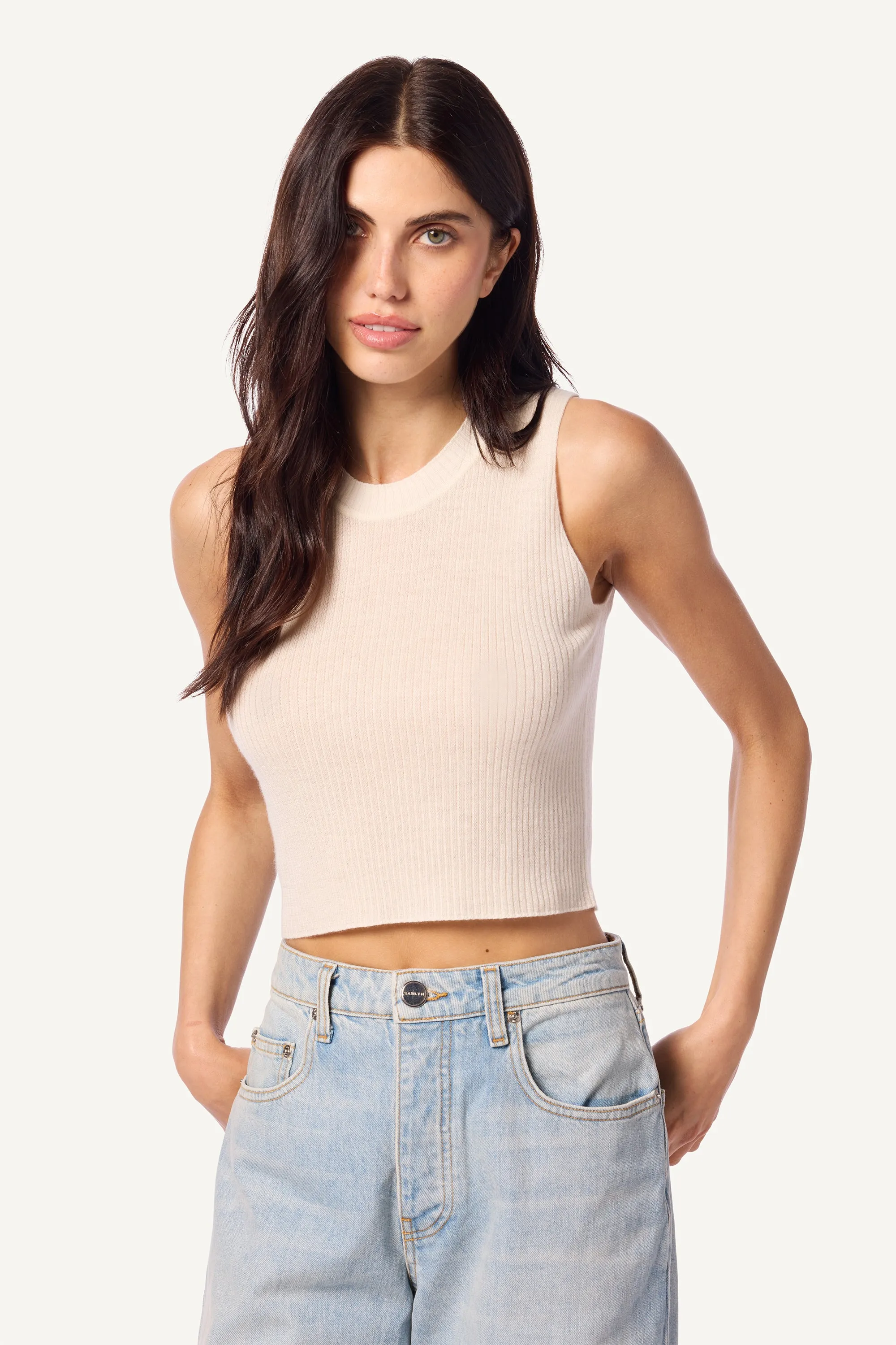 ANGIE CASHMERE SLEEVELESS RIB TANK | GARDENIA sold by Sablyn product image thumbnail 3