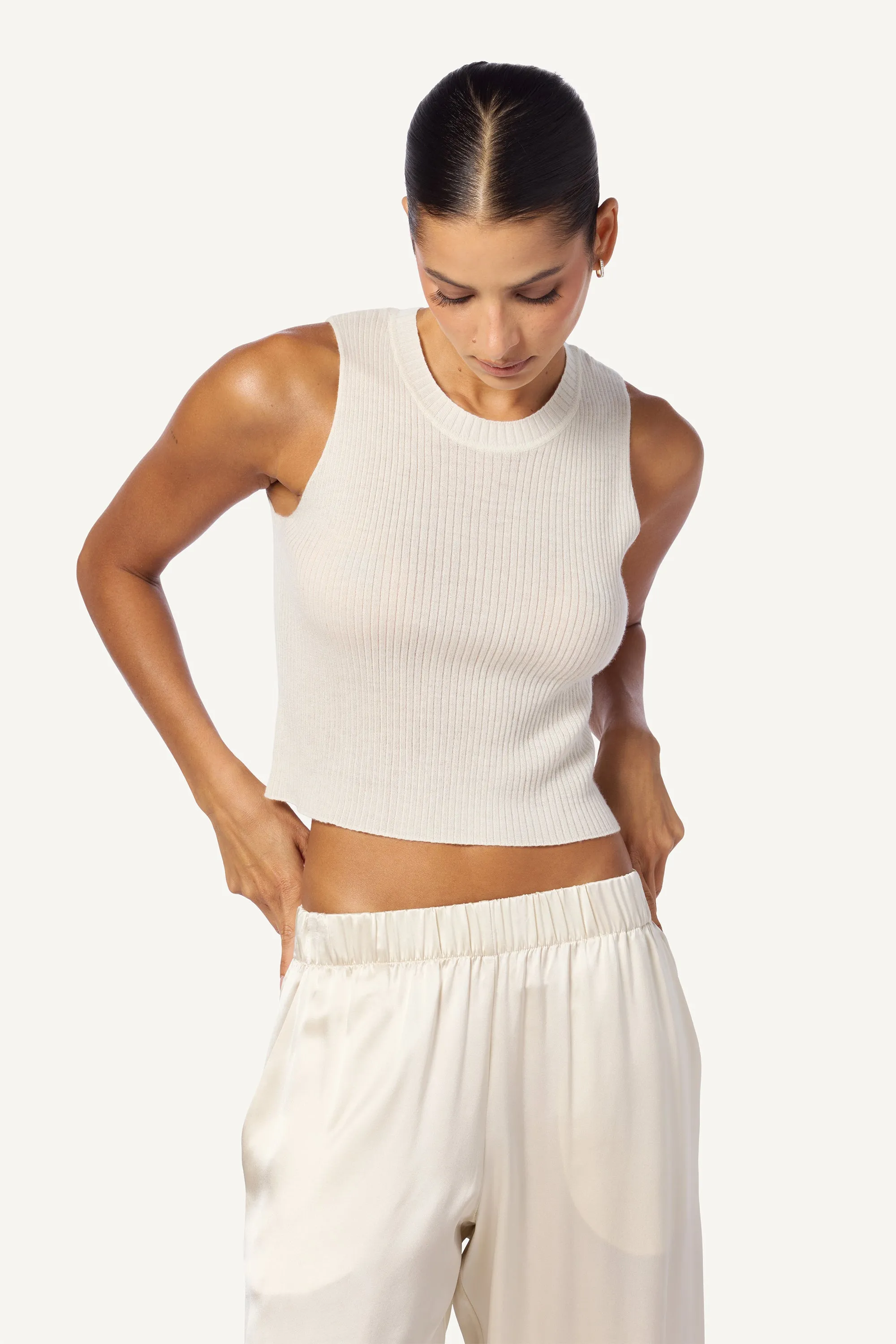 ANGIE CASHMERE SLEEVELESS RIB TANK | GARDENIA sold by Sablyn