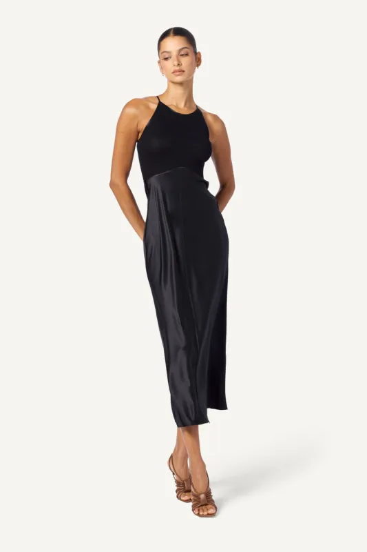 CLARA MIXED MEDIA MIDI SILK DRESS | BLACK sold by Sablyn