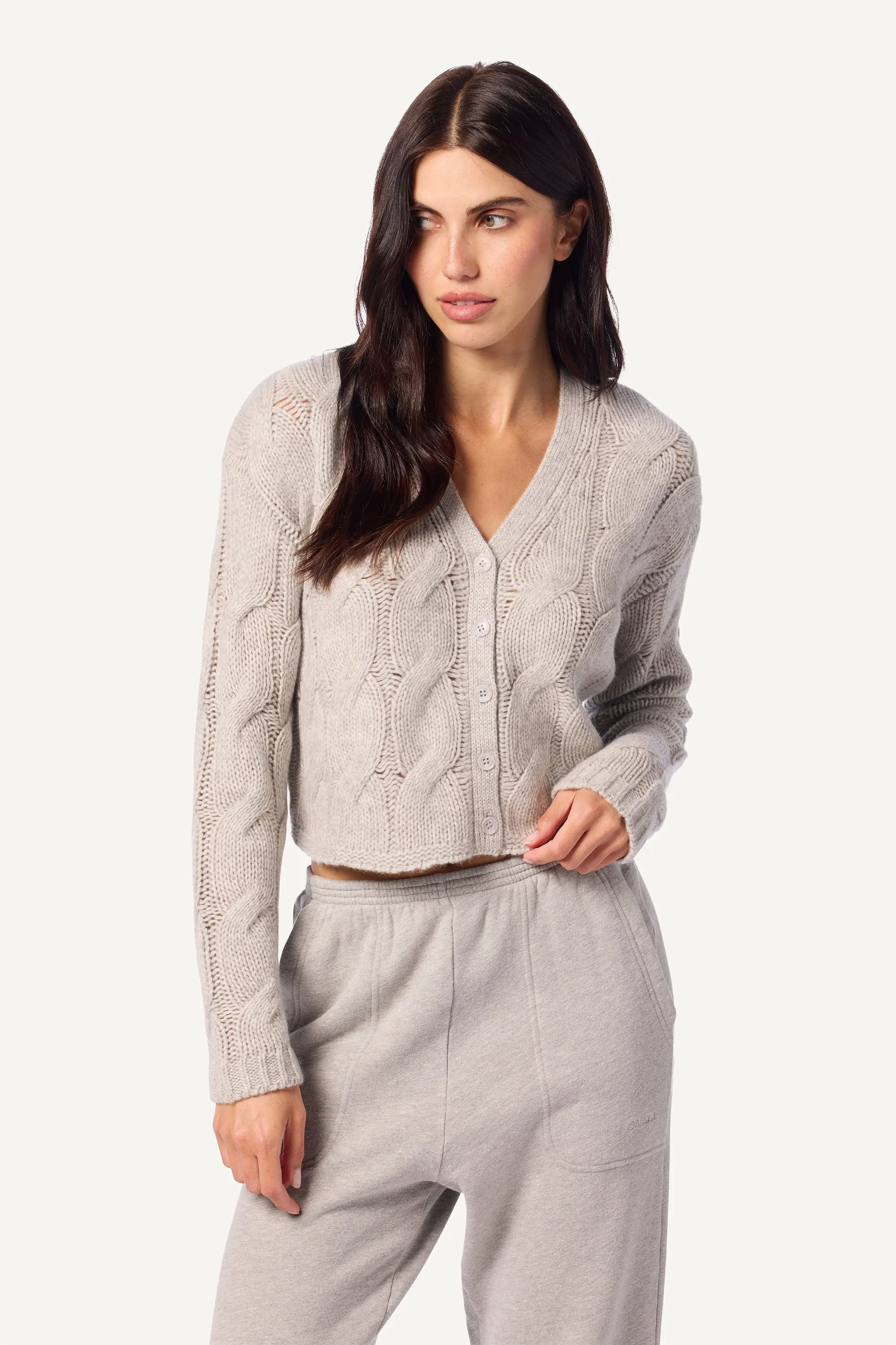 JOLIE V-NECK CROPPED CABLE CASHMERE CARDIGAN | FOGGY sold by Sablyn