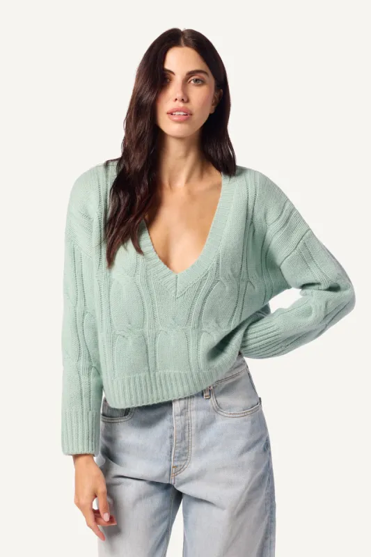 KOA CASHMERE CABLE KNIT V-NECK SWEATER | SEAFOAM sold by Sablyn