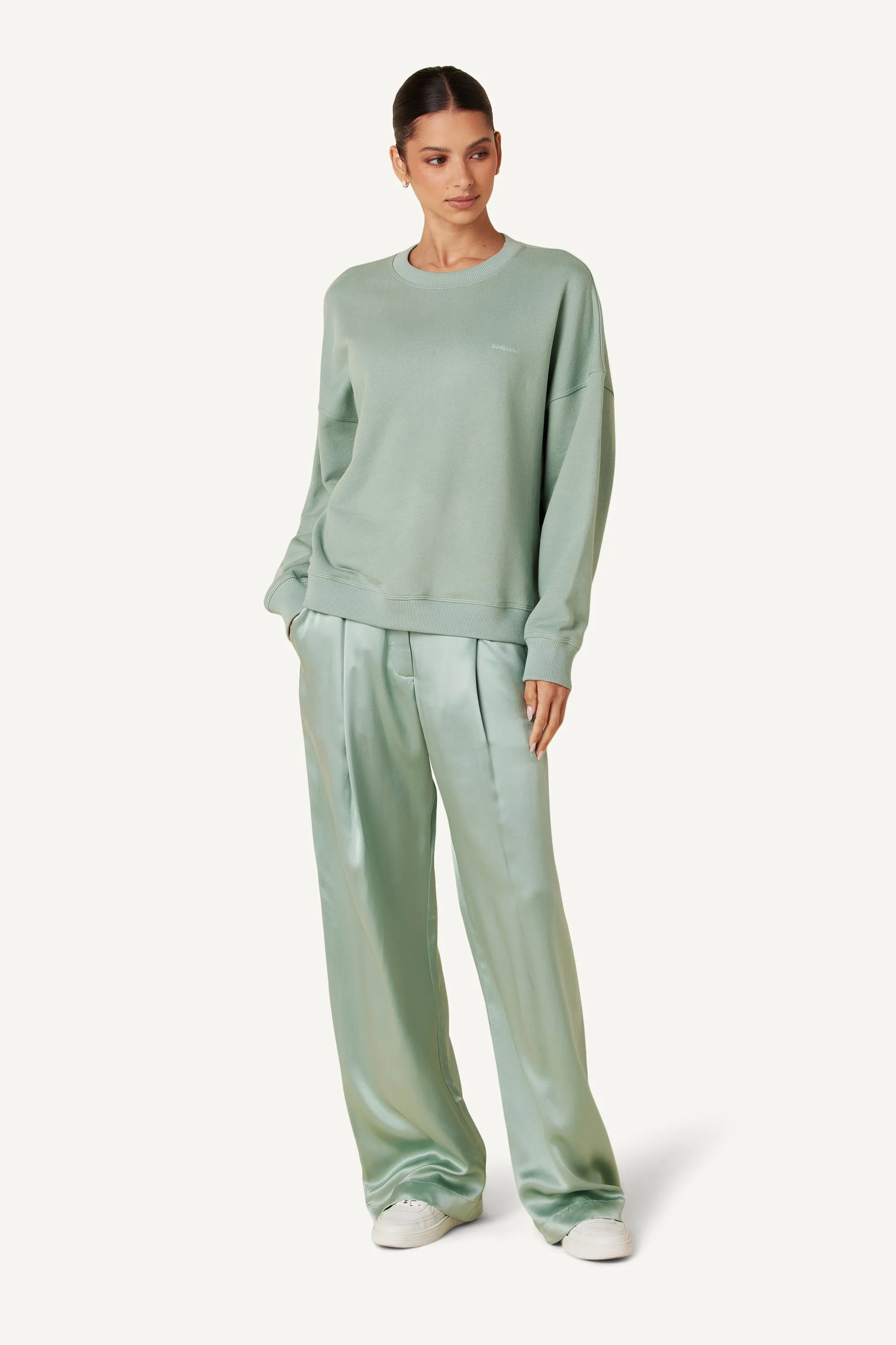 EMERSON HIGH RISE PLEATED SILK PANT | SEAFOAM sold by Sablyn