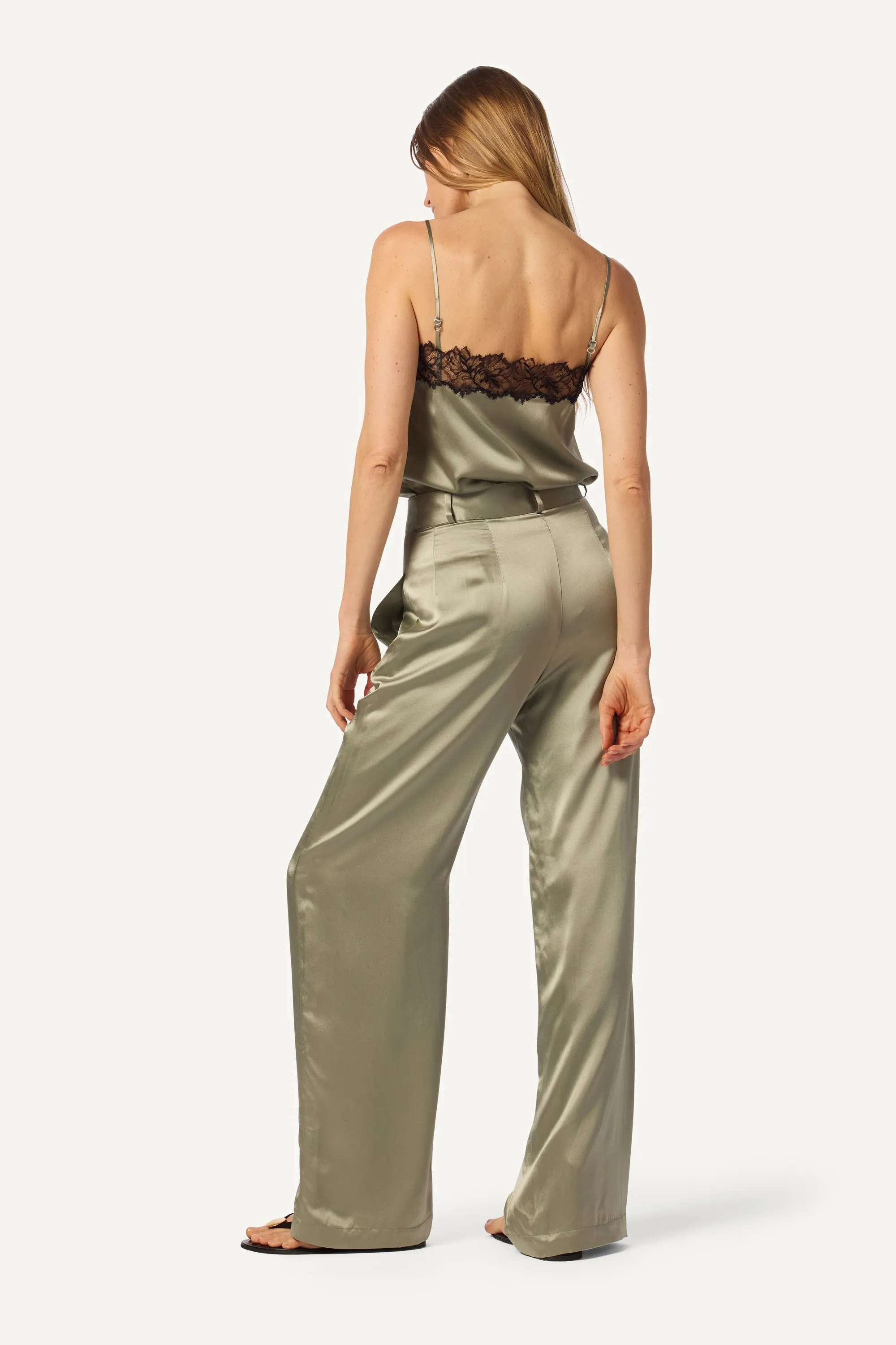 LEELAND FLAT FRONT PLEATED SILK TROUSER | EUCALYPTUS sold by Sablyn product image thumbnail 3