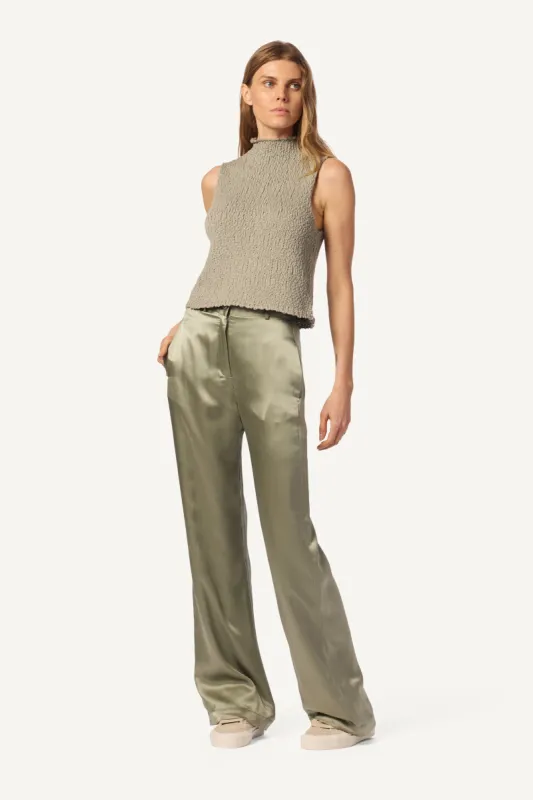 LEELAND FLAT FRONT PLEATED SILK TROUSER | EUCALYPTUS sold by Sablyn