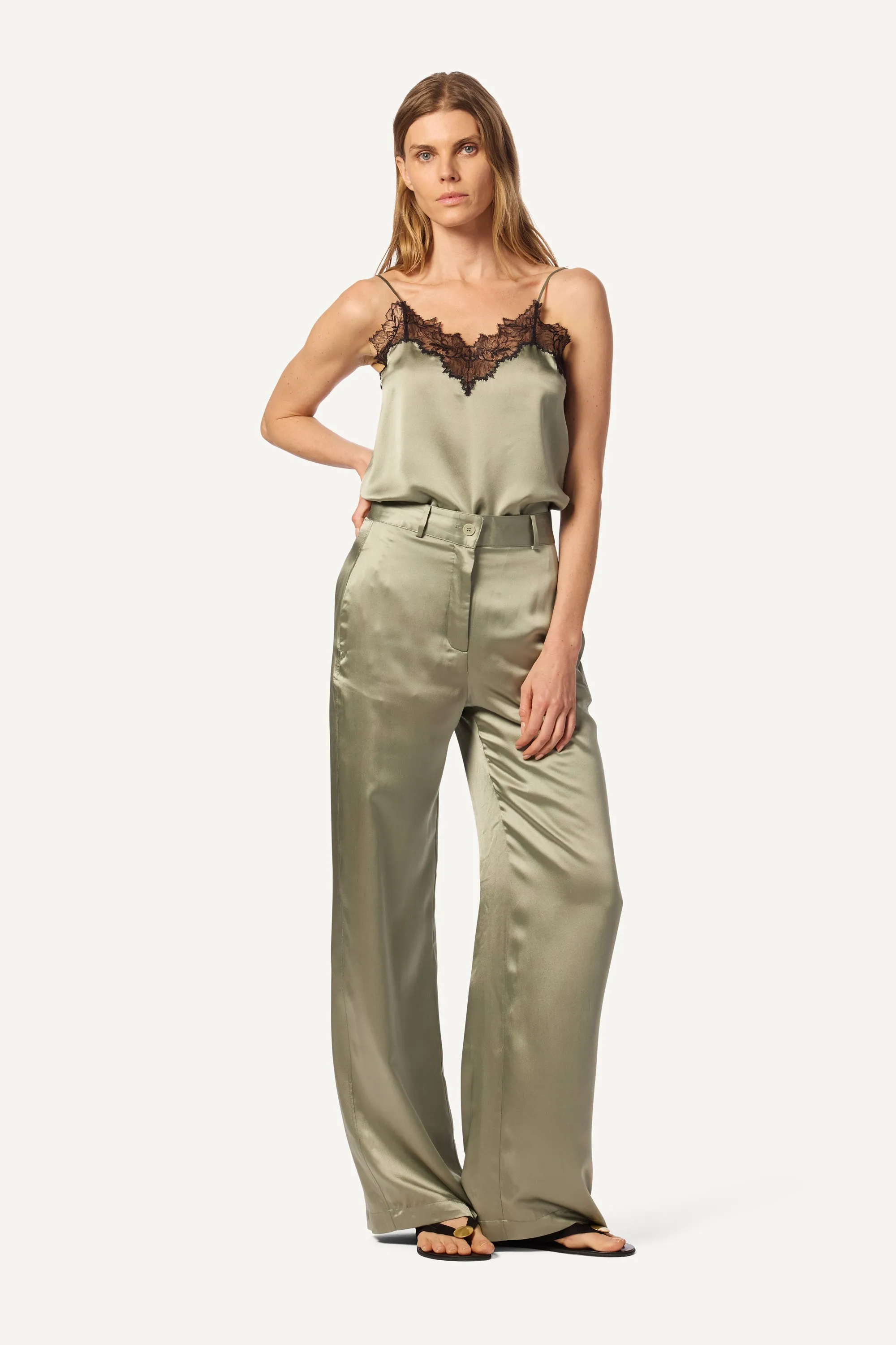 LEELAND FLAT FRONT PLEATED SILK TROUSER | EUCALYPTUS sold by Sablyn product image thumbnail 2