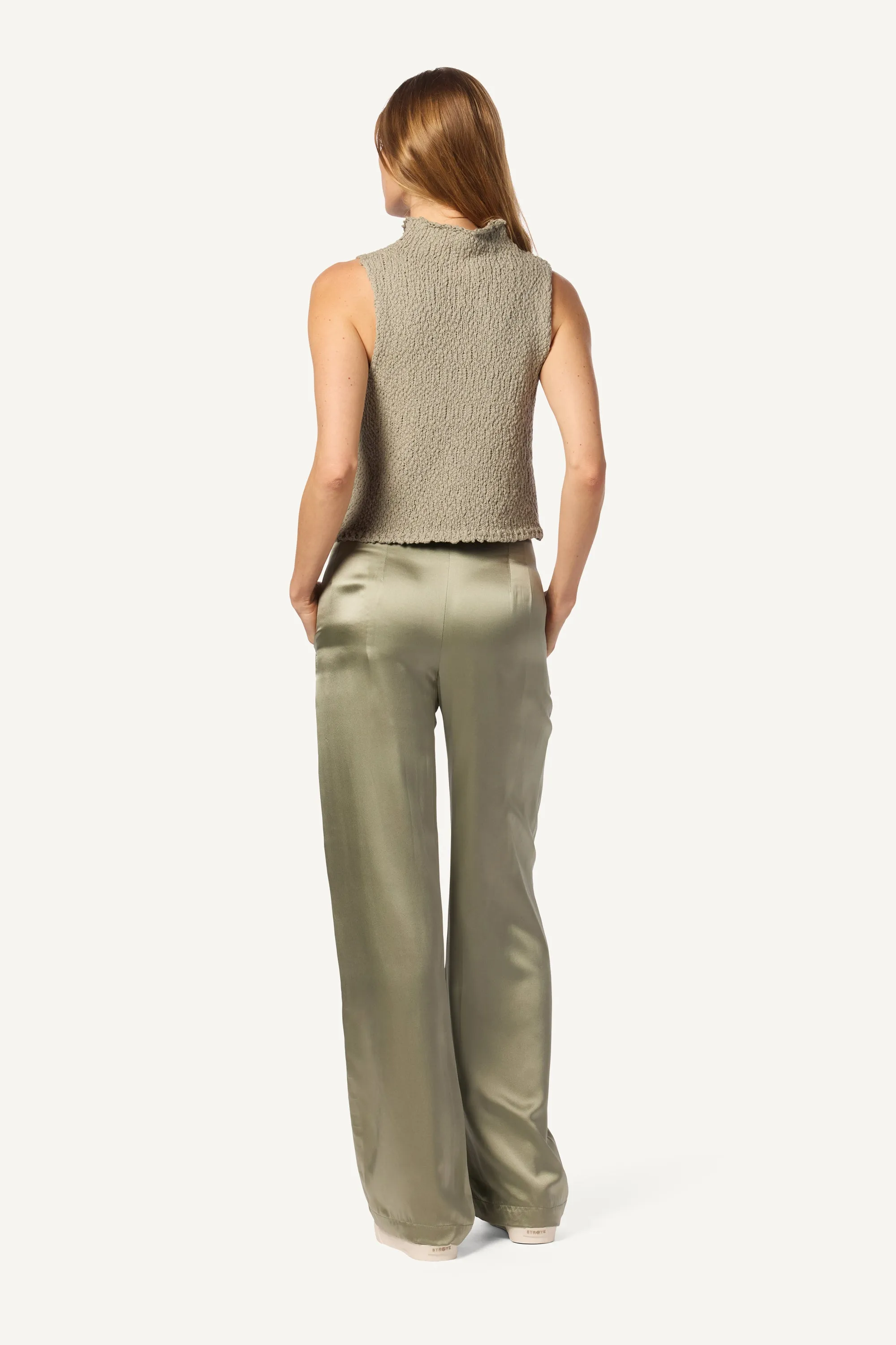 LEELAND FLAT FRONT PLEATED SILK TROUSER | EUCALYPTUS sold by Sablyn product image thumbnail 4