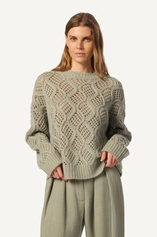 ALSTON OPEN KNIT BOYFRIEND CASHMERE CREWNECK | EUCALYPTUS sold by Sablyn