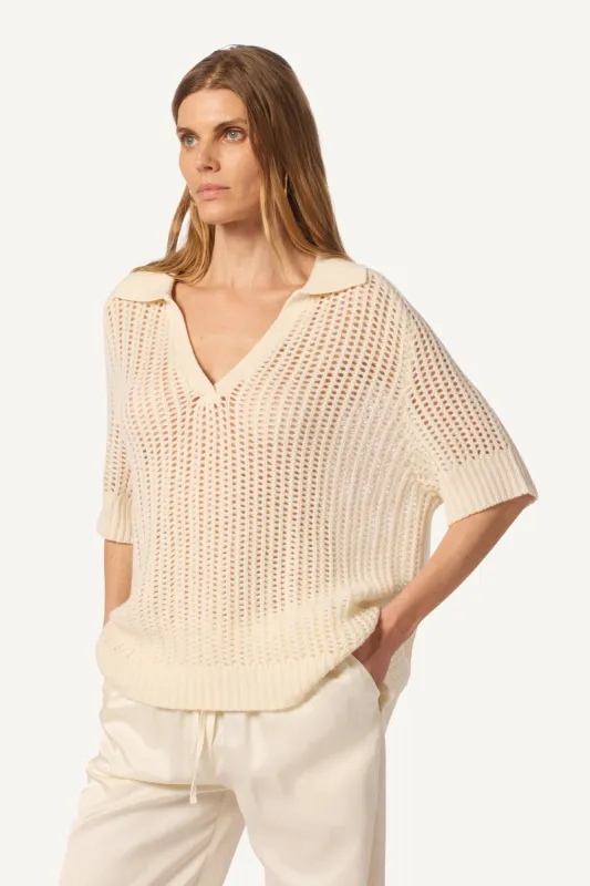SHALOM RELAXED SPLIT NECK CASHMERE POLO | GARDENIA sold by Sablyn