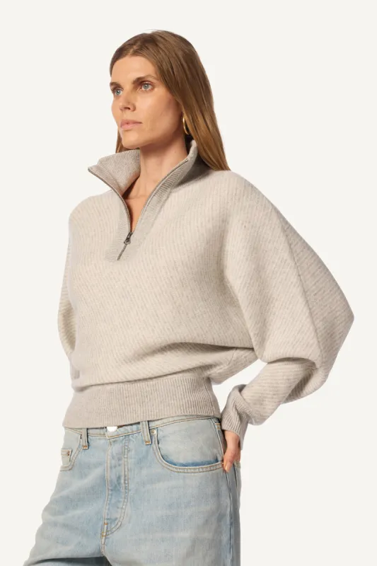 AMBER MOCK NECK HALF ZIP CASHMERE DOLMAN | FOGGY/GARDENIA sold by Sablyn
