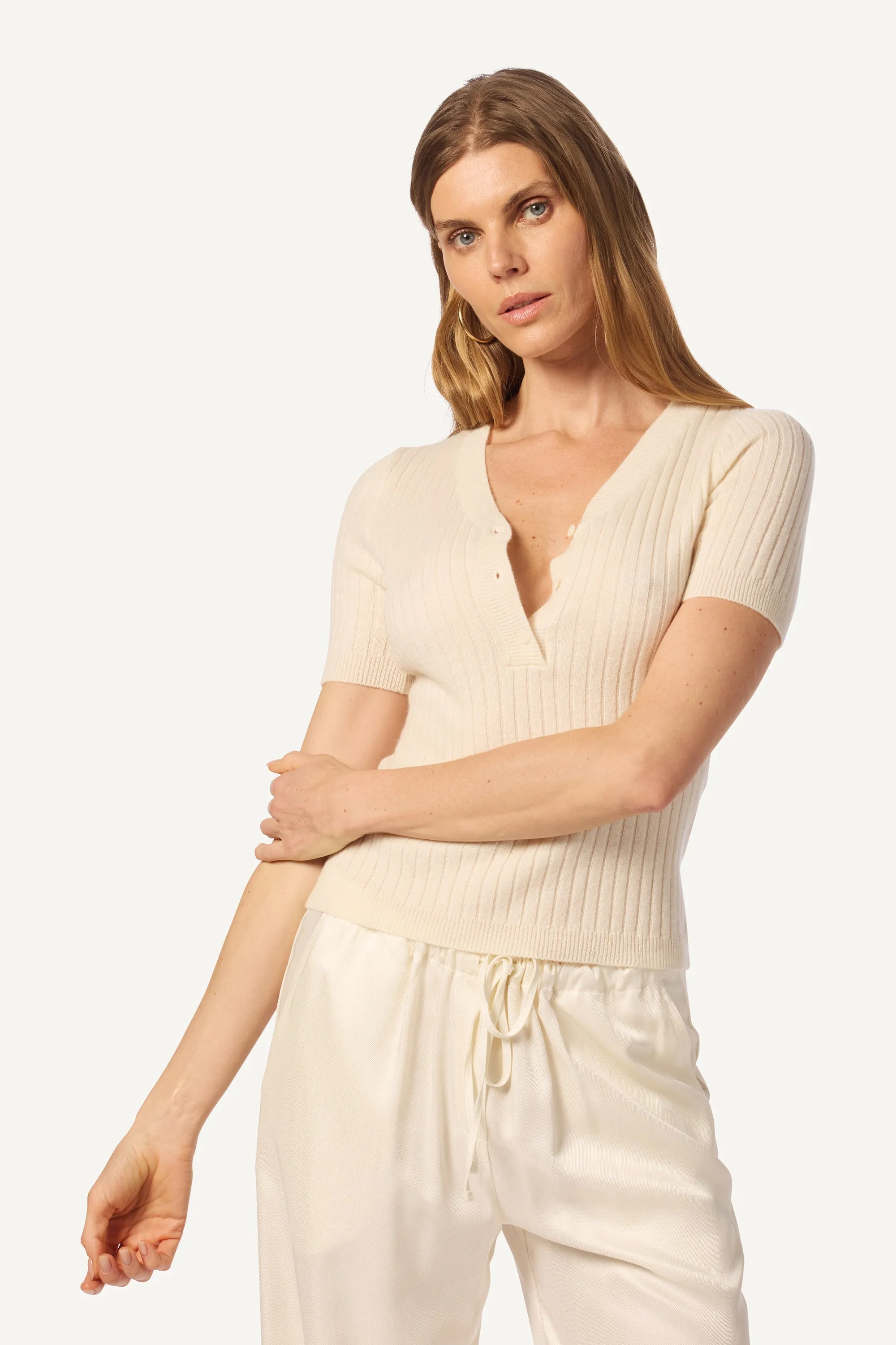 KENNEDY V-NECK CASHMERE HENLEY SHORT SLEEVE | GARDENIA sold by Sablyn