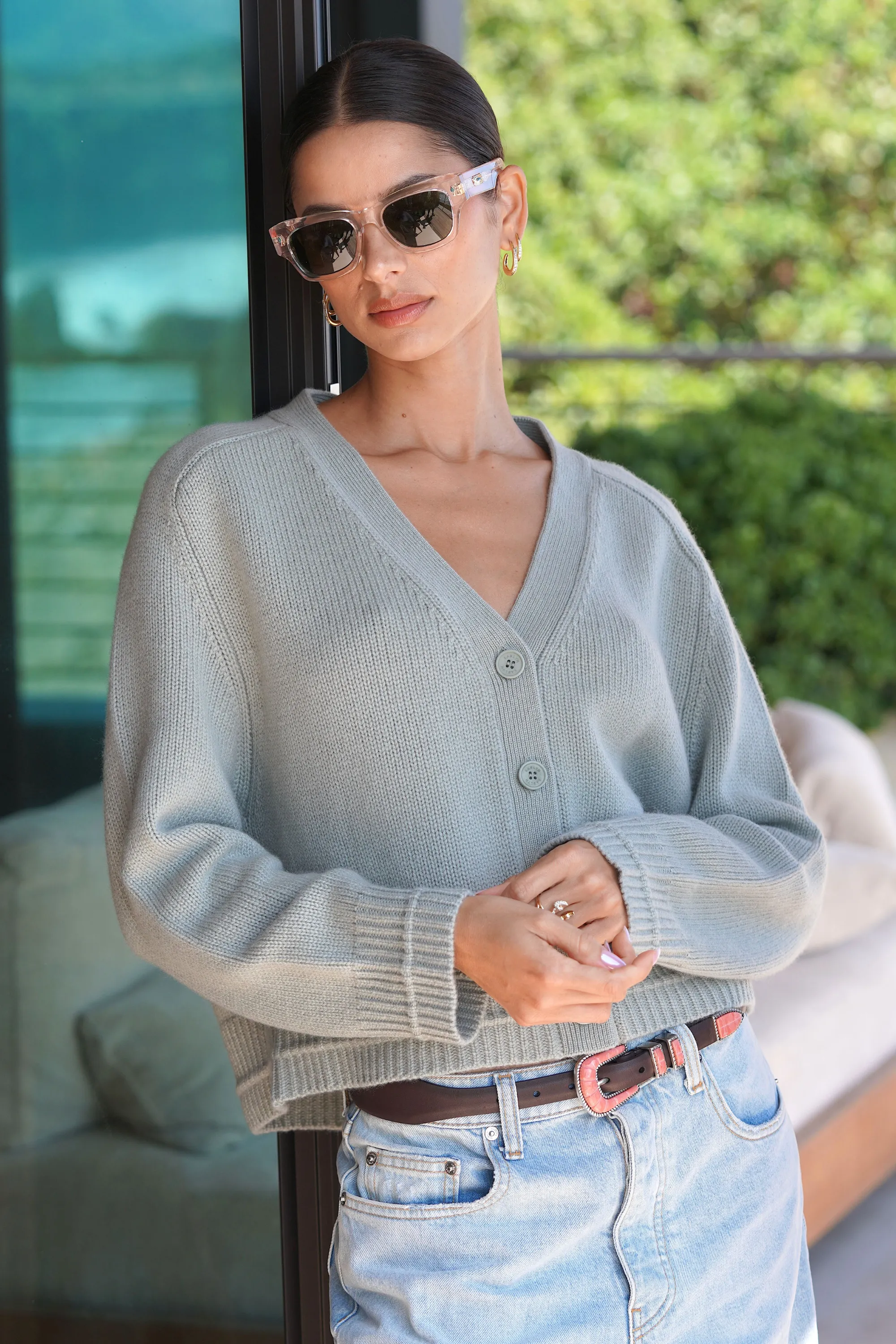 RAE RELAXED RAGLAN CASHMERE CARDIGAN | EUCALYPTUS sold by Sablyn product image thumbnail 2