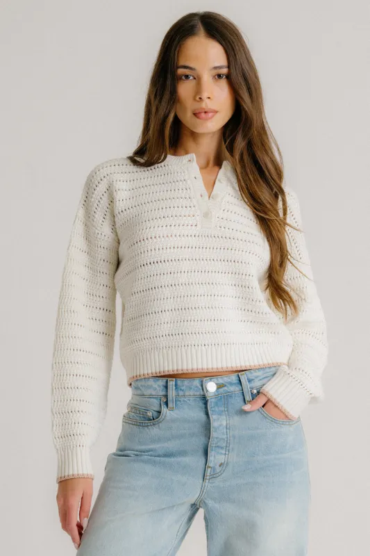 MAEVE SHRUNKEN HENLEY W/ CONTRAST TIPPING | GARDENIA/PINK SAND sold by Sablyn