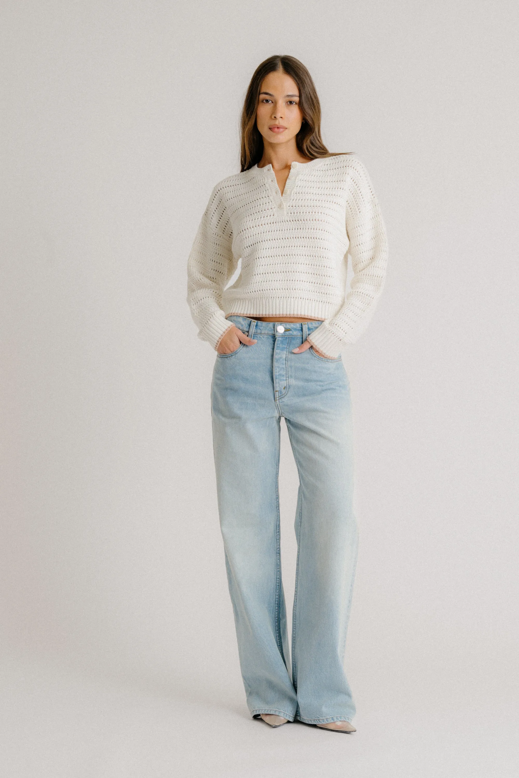 MAEVE SHRUNKEN HENLEY W/ CONTRAST TIPPING | GARDENIA/PINK SAND sold by Sablyn product image thumbnail 2