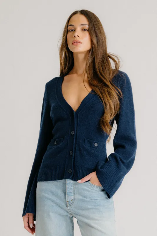 CAMILLA WAISTED V-NECK CASHMERE CARDIGAN | MIDNIGHT NAVY sold by Sablyn
