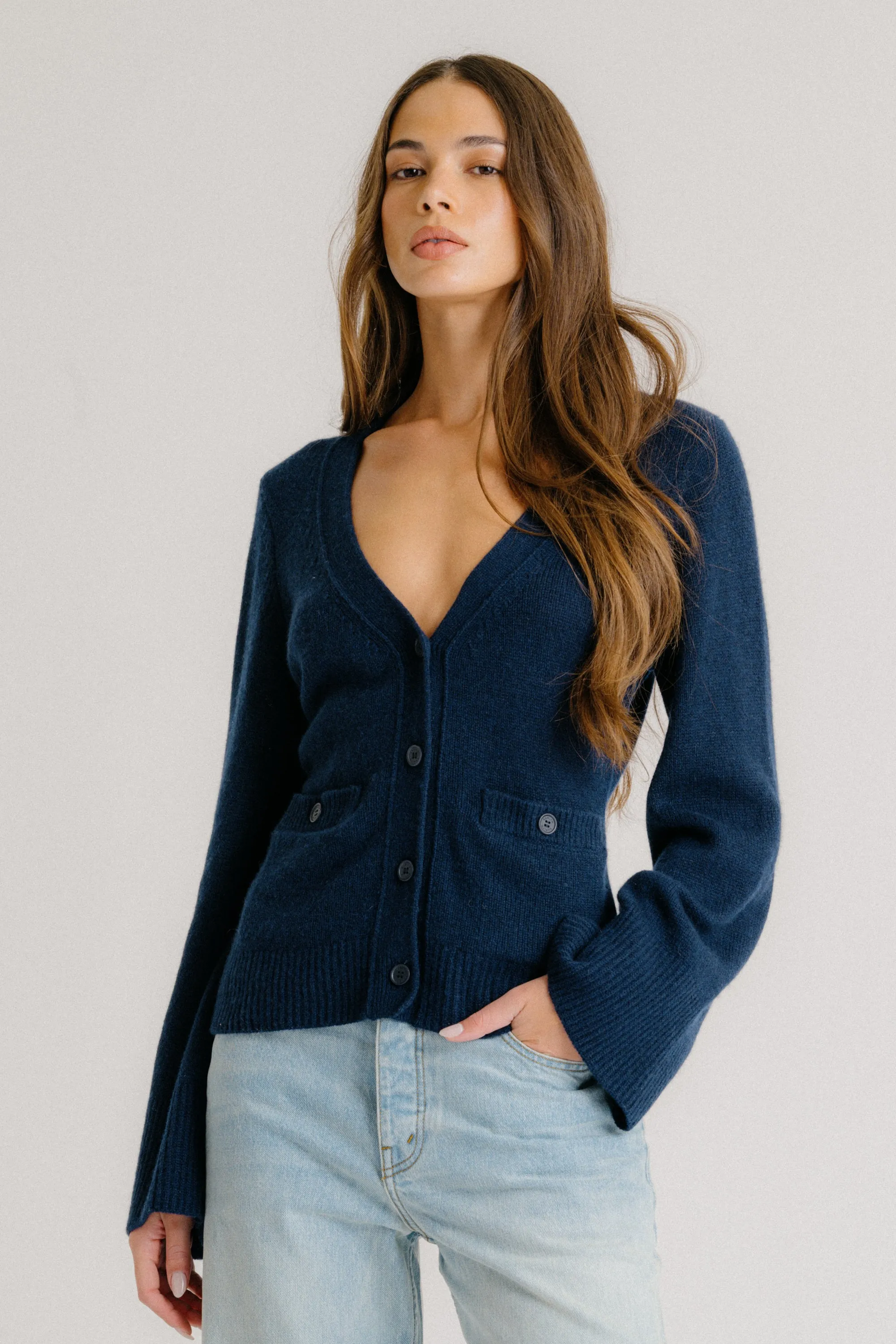 CAMILLA WAISTED V-NECK CASHMERE CARDIGAN | MIDNIGHT NAVY sold by Sablyn