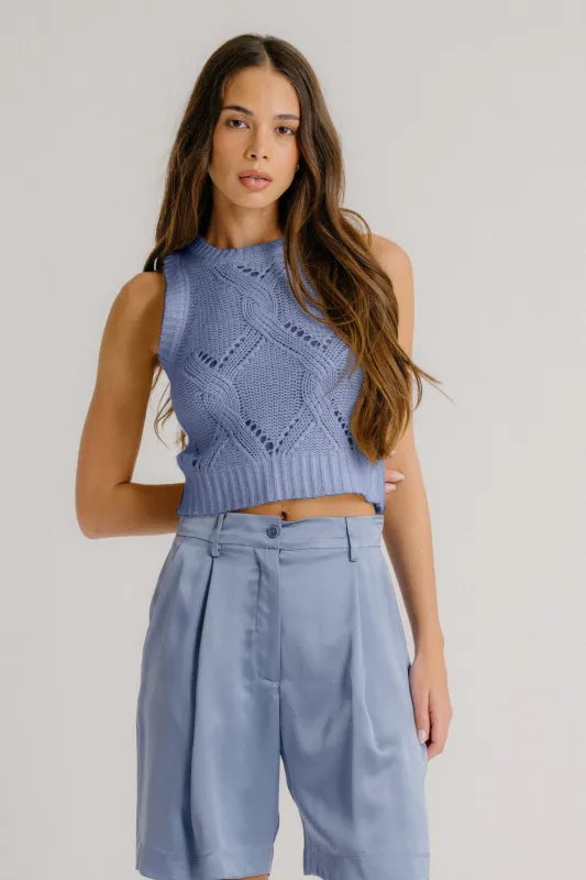 KARA SHRUNKEN CASHMERE CABLE KNIT TANK | PERIWINKLE made by Sablyn