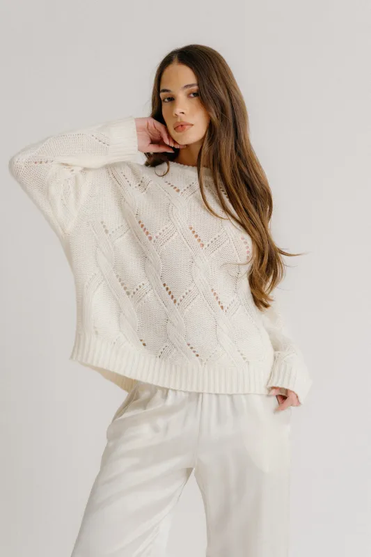 GIA SLOUCHY CABLE KNIT CASHMERE CREWNECK SWEATER | GARDENIA sold by Sablyn