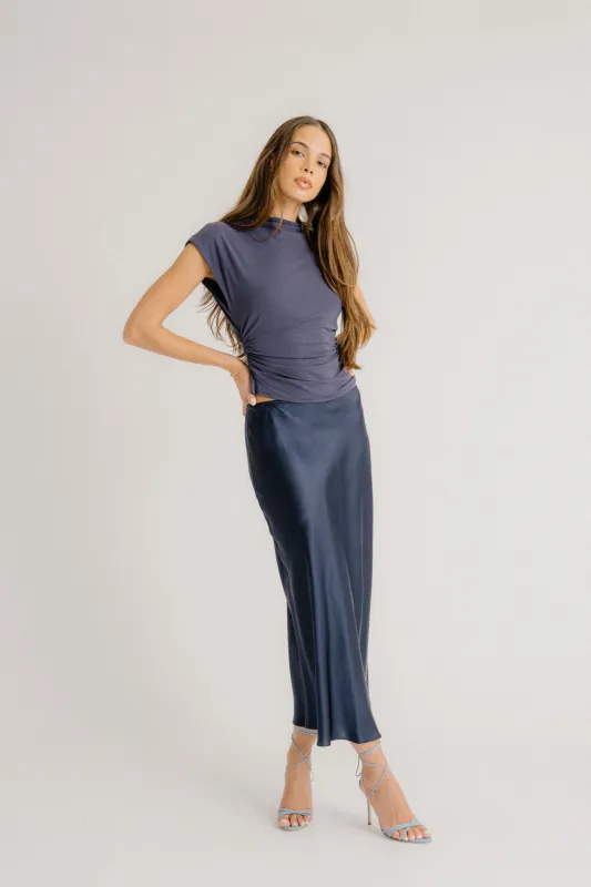 MIRANDA TRIM BIAS CUT PULL ON SILK SKIRT | MIDNIGHT NAVY sold by Sablyn