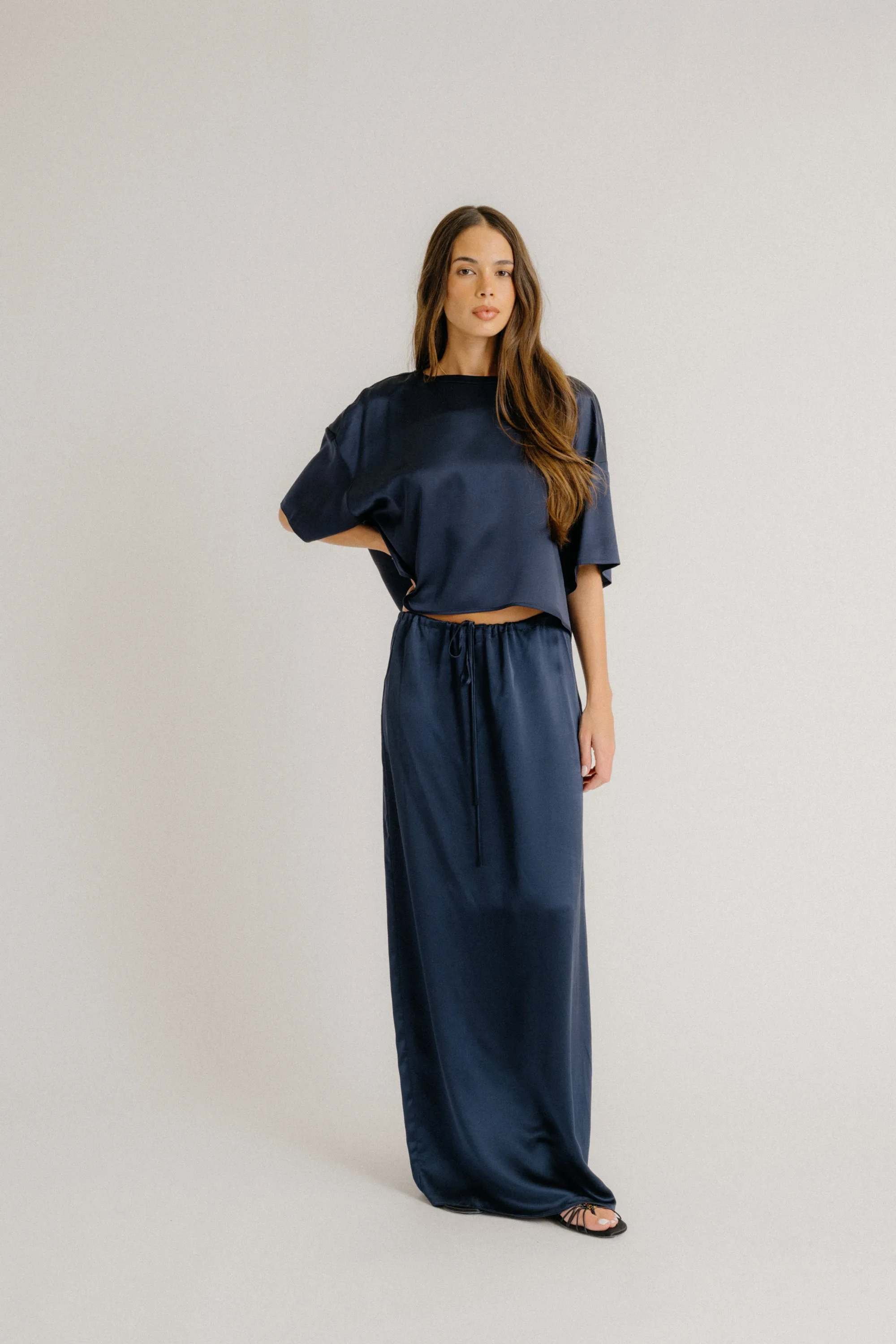 SOL DRAWSTRING SILK MAXI SKIRT | MIDNIGHT NAVY sold by Sablyn product image thumbnail 3