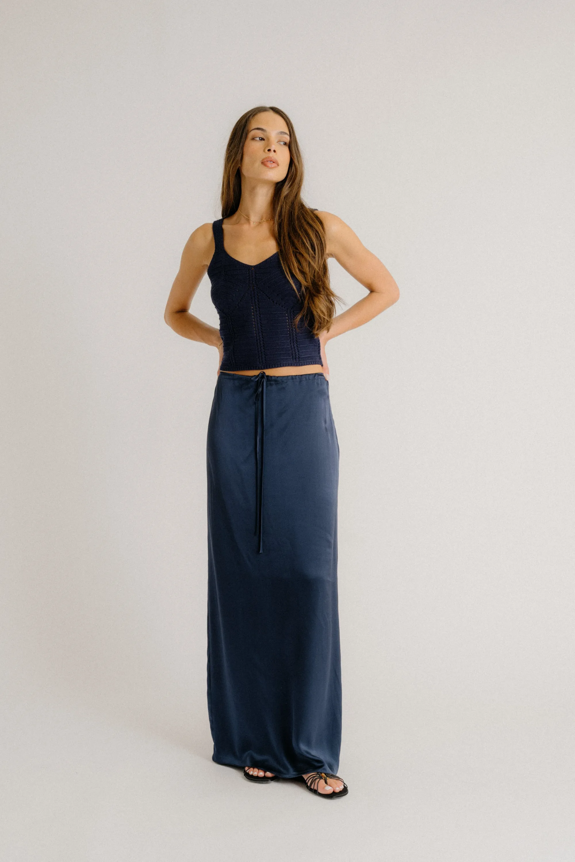 SOL DRAWSTRING SILK MAXI SKIRT | MIDNIGHT NAVY sold by Sablyn