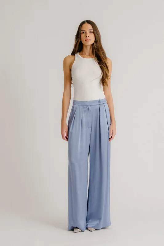 BROOKLYN DOUBLE PLEAT SILK TROUSER | PERIWINKLE sold by Sablyn