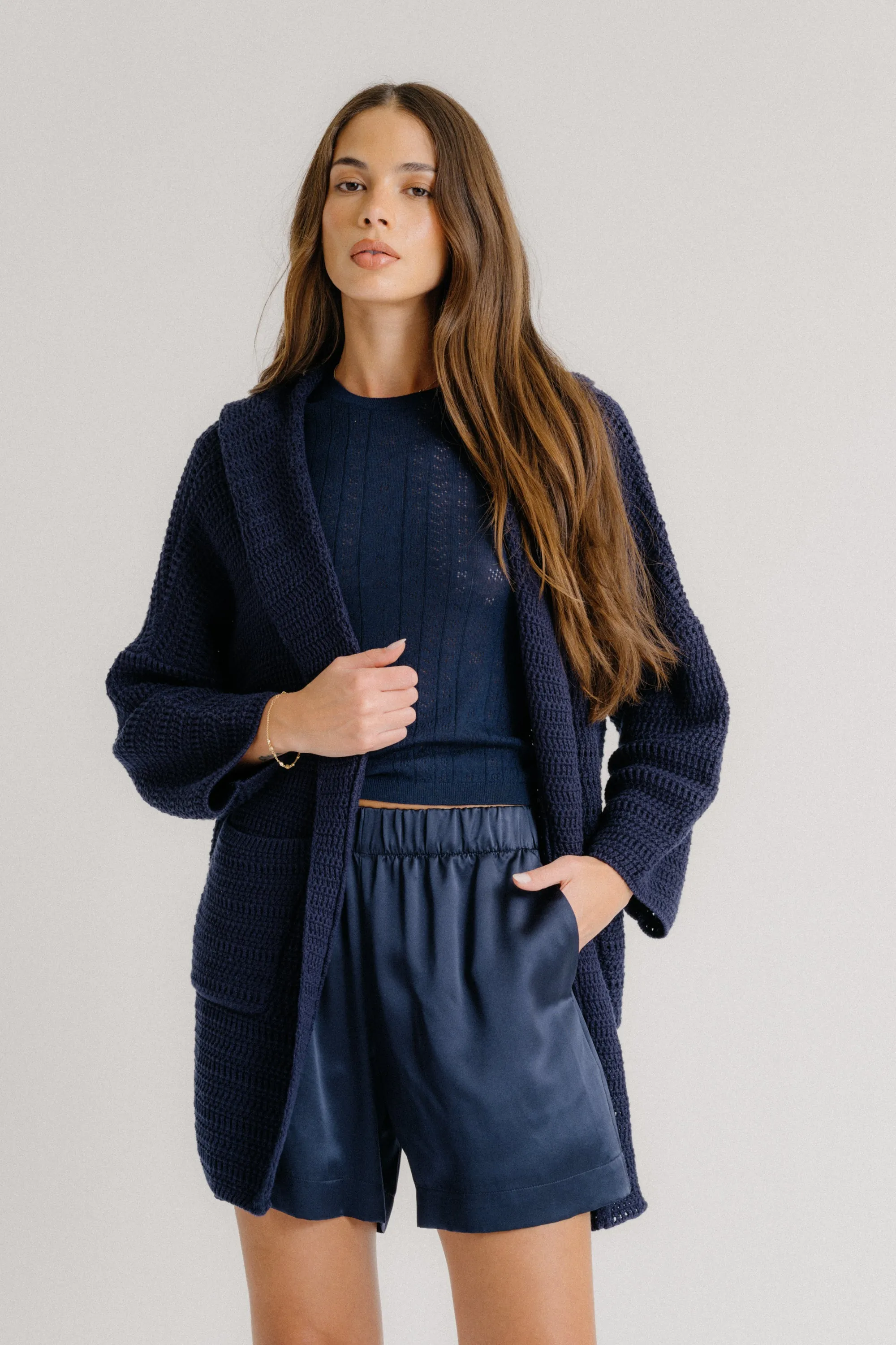 BRYNN HIGH RISE PULL ON SILK SHORT | MIDNIGHT NAVY sold by Sablyn product image thumbnail 2