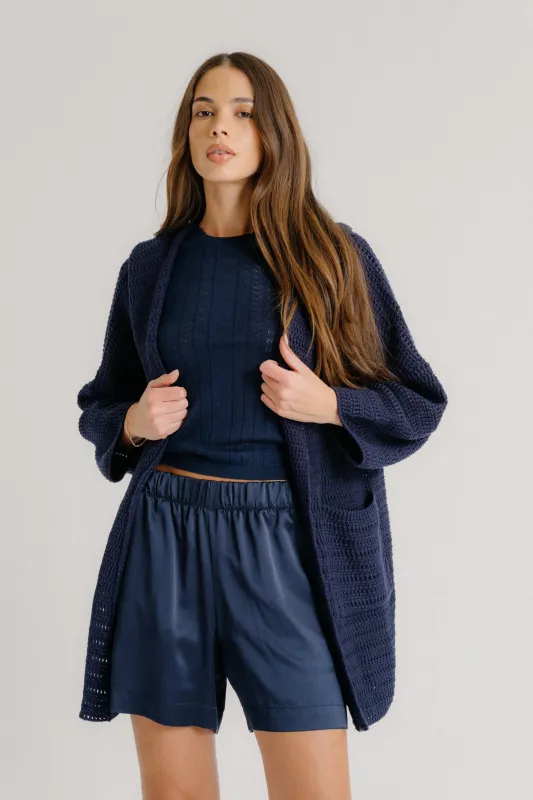 BRYNN HIGH RISE PULL ON SILK SHORT | MIDNIGHT NAVY sold by Sablyn