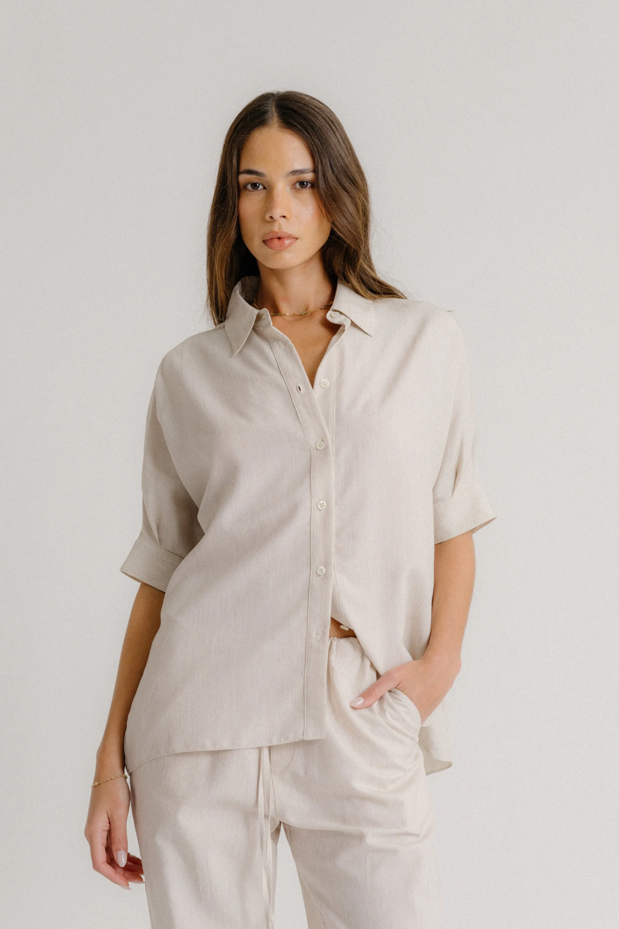 GISELE MICRO STRIPE BUTTON DOWN | GARDENIA MULTI sold by Sablyn
