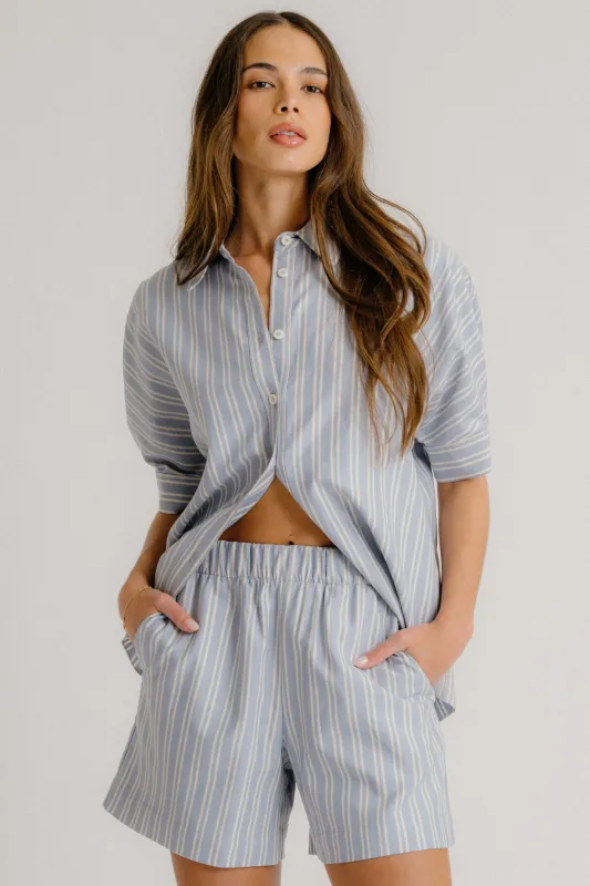 BRYNN  HIGH RISE PULL ON SHORT  | PERIWINKLE MULTI STRIPE sold by Sablyn