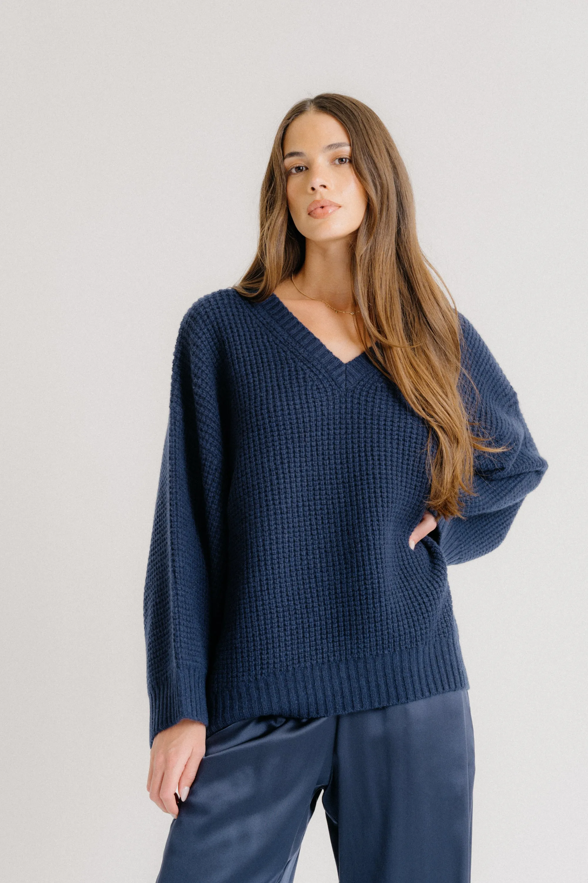 LINDEN SLOUCHY V-NECK RIBBED CASHMERE SWEATER | MIDNIGHT NAVY sold by Sablyn